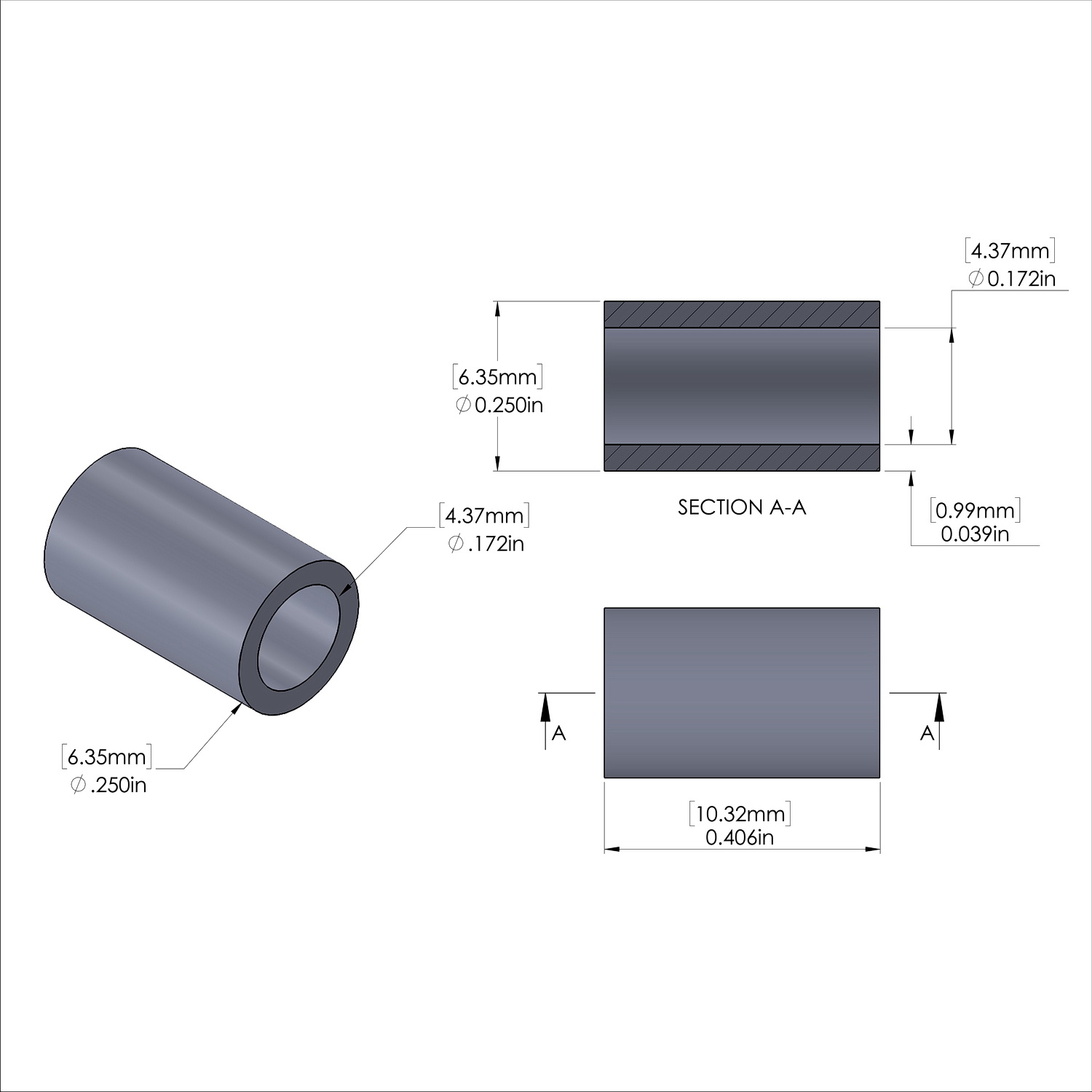 Aluminum Spacer 1/4'' OD x .172'' ID x 13/32'' Long, Plain Aluminum Finish
