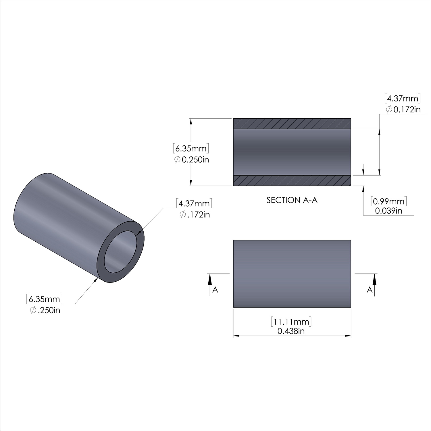 Aluminum Spacer 1/4'' OD x .172'' ID x 7/16'' Long, Black Anodized Finish