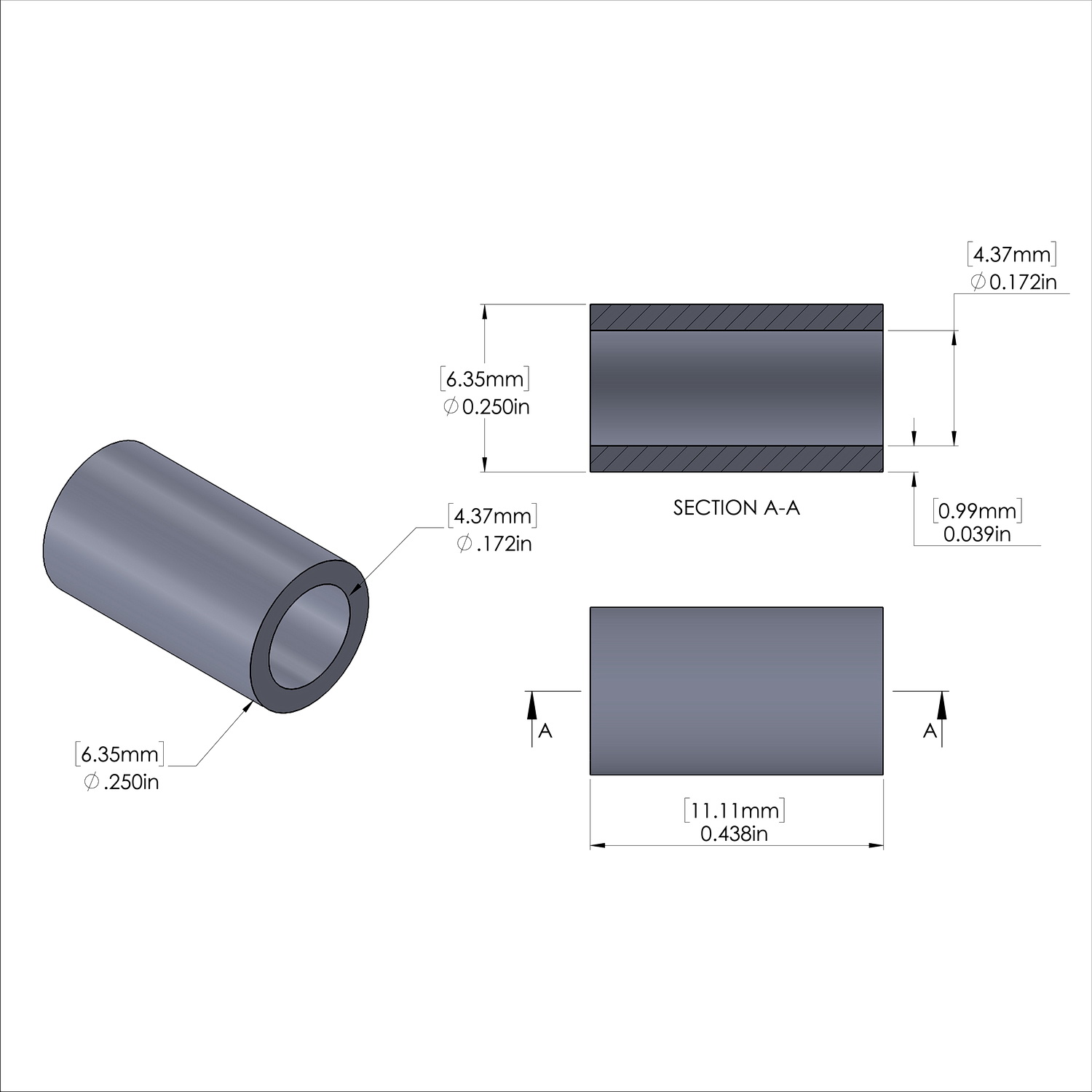 Aluminum Spacer 1/4'' OD x .172'' ID x 7/16'' Long