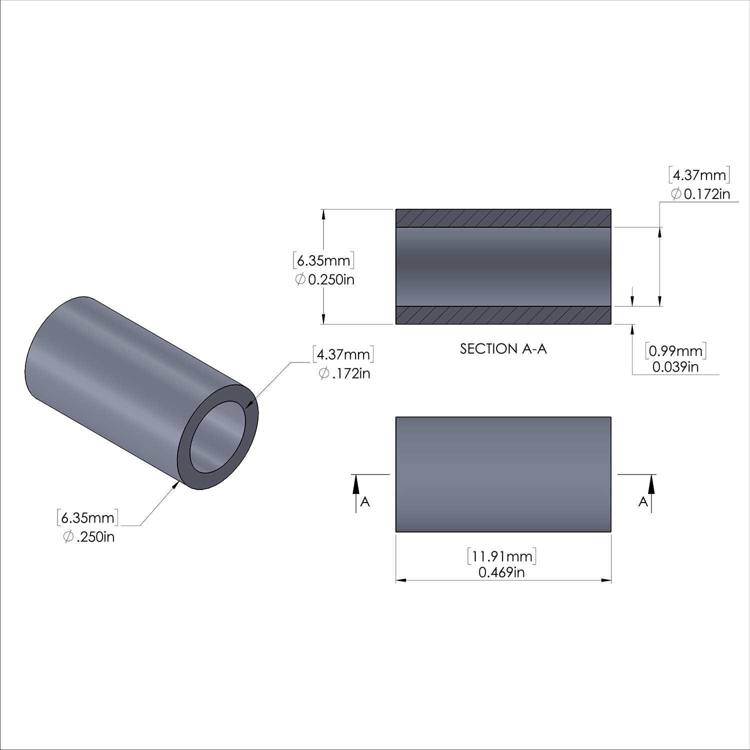 Aluminum Spacer 1/4'' OD x .172'' ID x 15/32'' Long, Plain Aluminum Finish