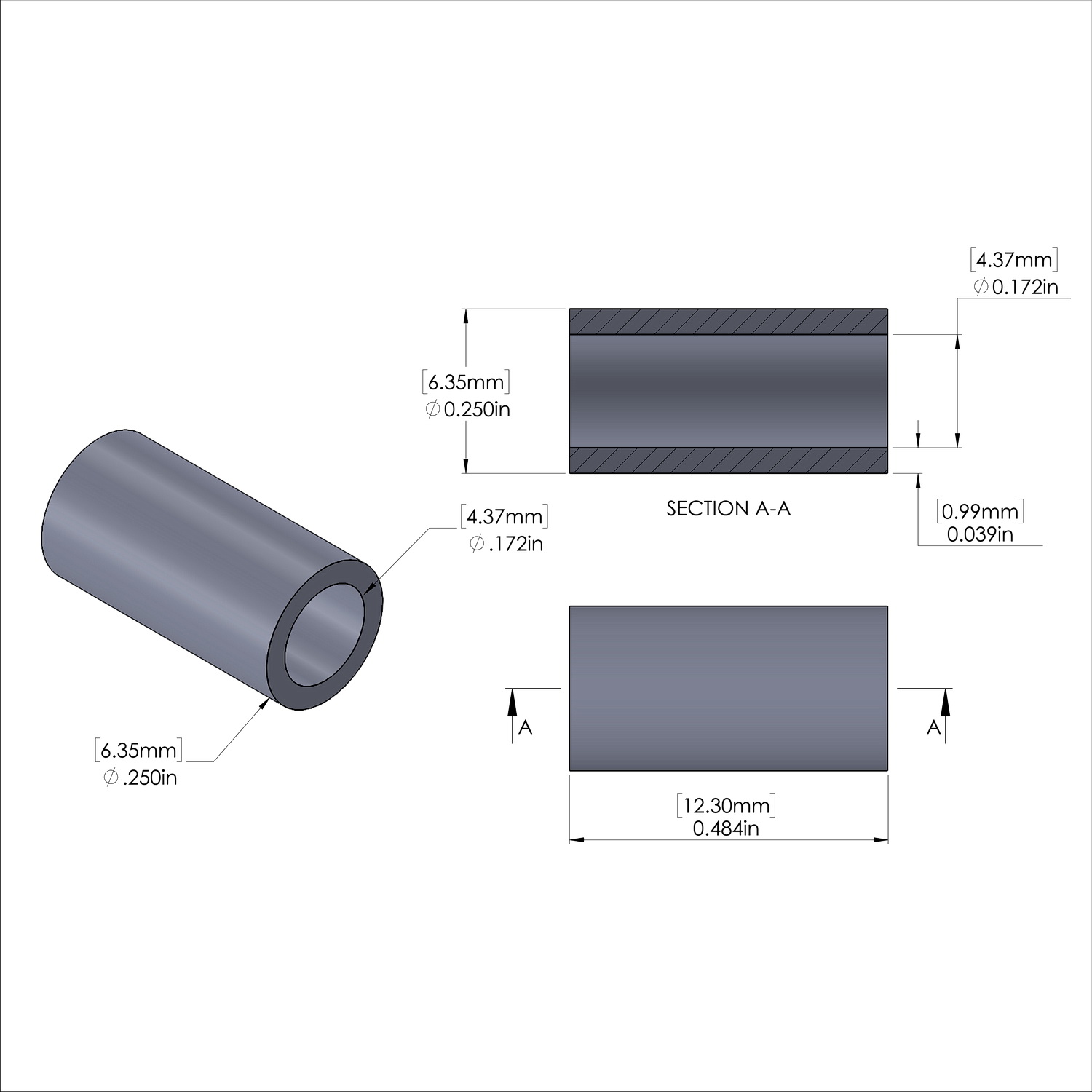 Aluminum Spacer 1/4'' OD x .172'' ID x 31/64'' Long, Black Anodized Finish