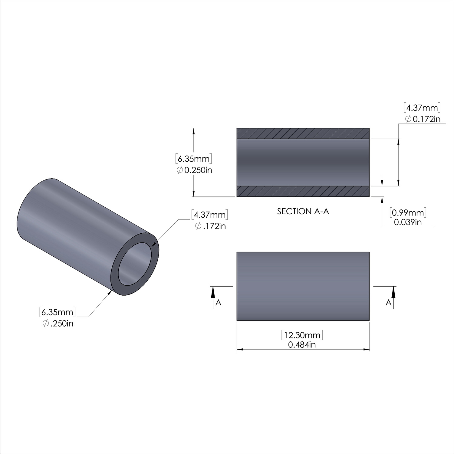 Aluminum Spacer 1/4'' OD x .172'' ID x 31/64'' Long