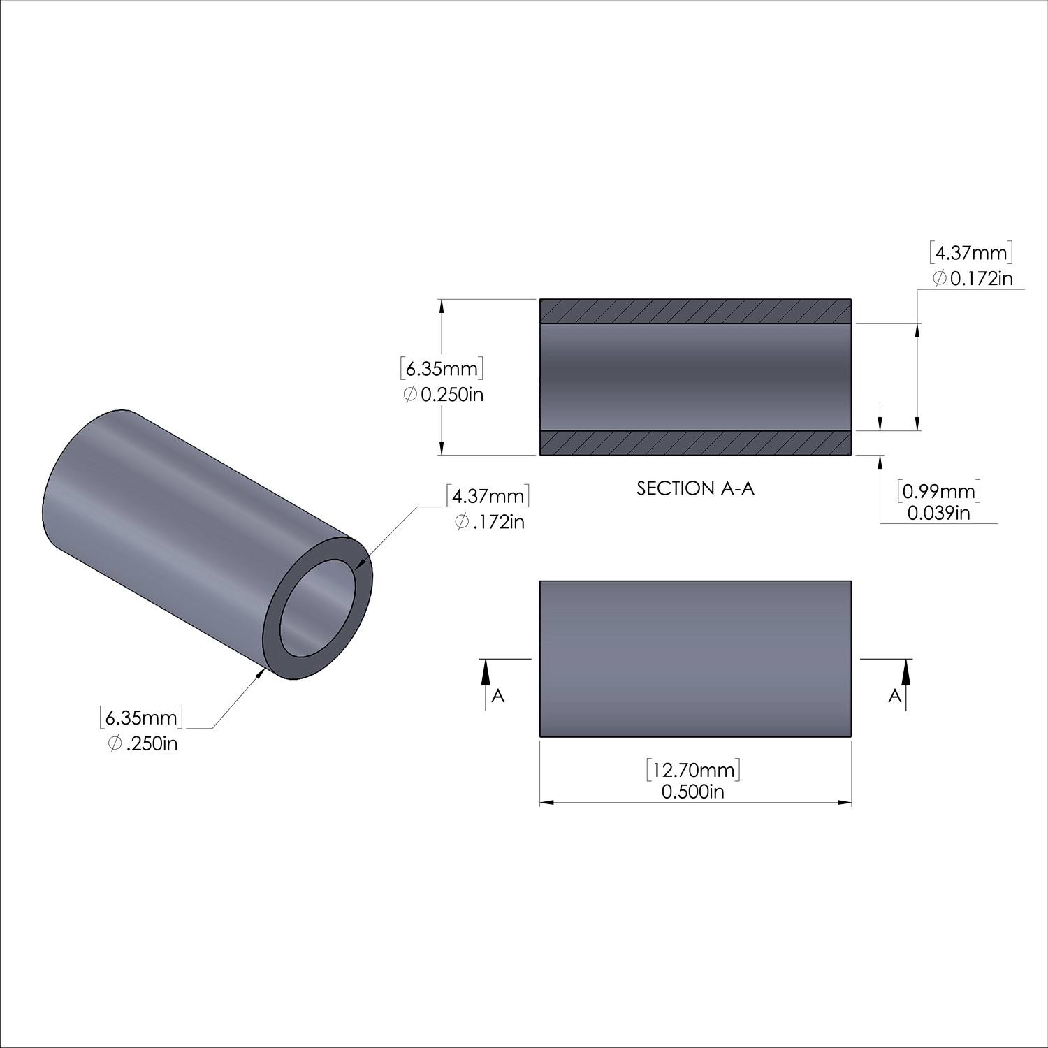 Aluminum Spacer 1/4'' OD x .172'' ID x 1/2'' Long, Black Anodized Finish