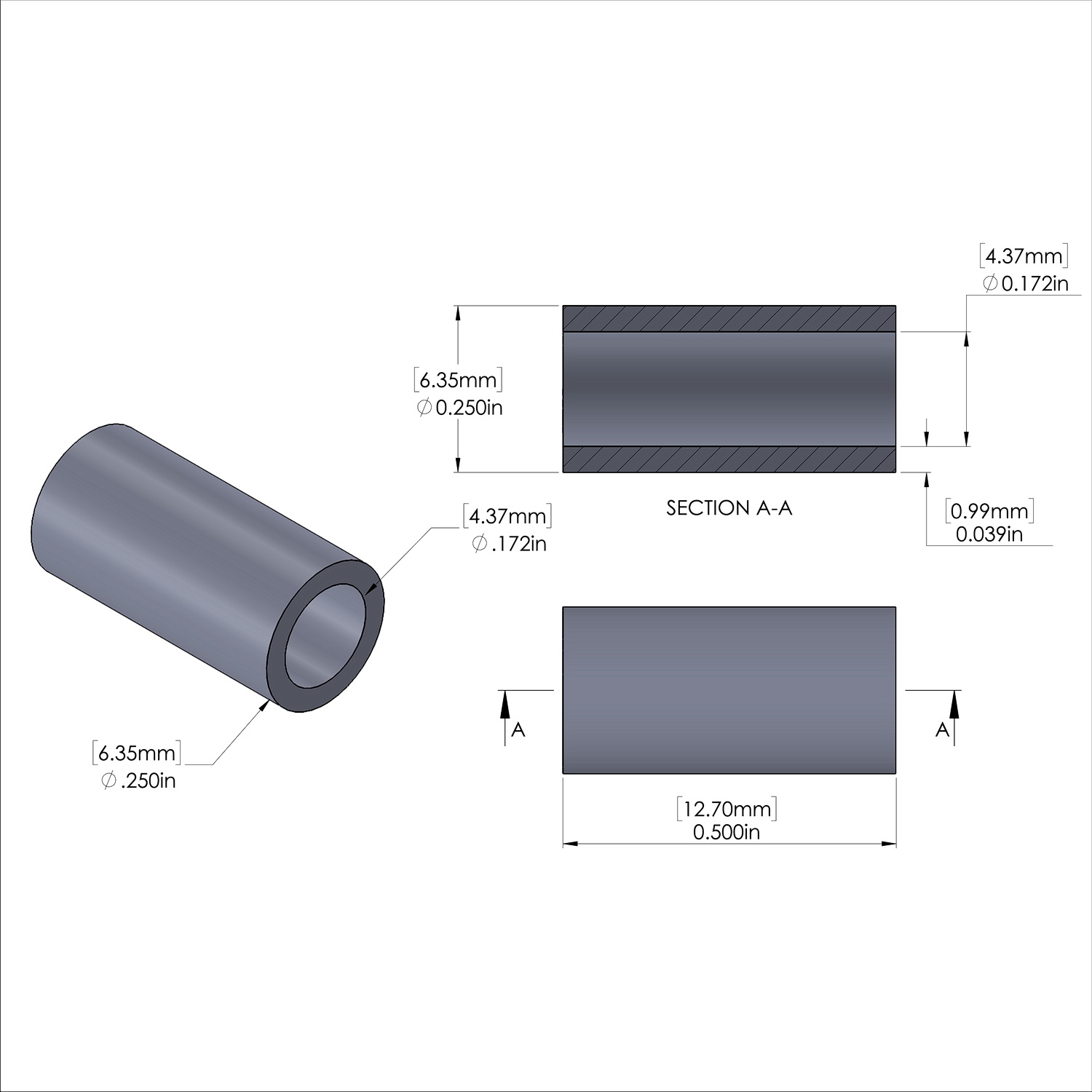 Aluminum Spacer 1/4'' OD x .172'' ID x 1/2'' Long, Plain Aluminum Finish