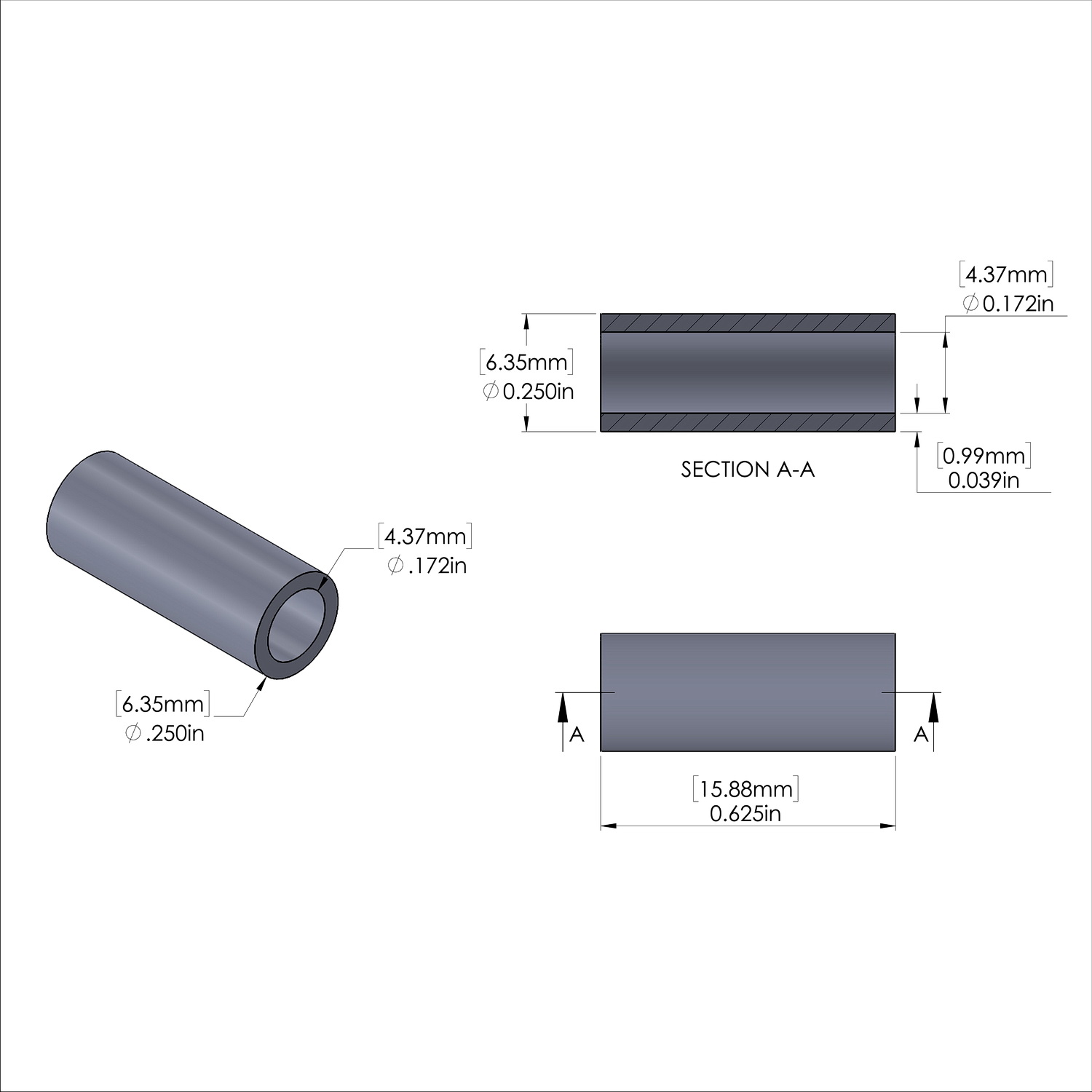 Aluminum Spacer 1/4'' OD x .172'' ID x 5/8'' Long
