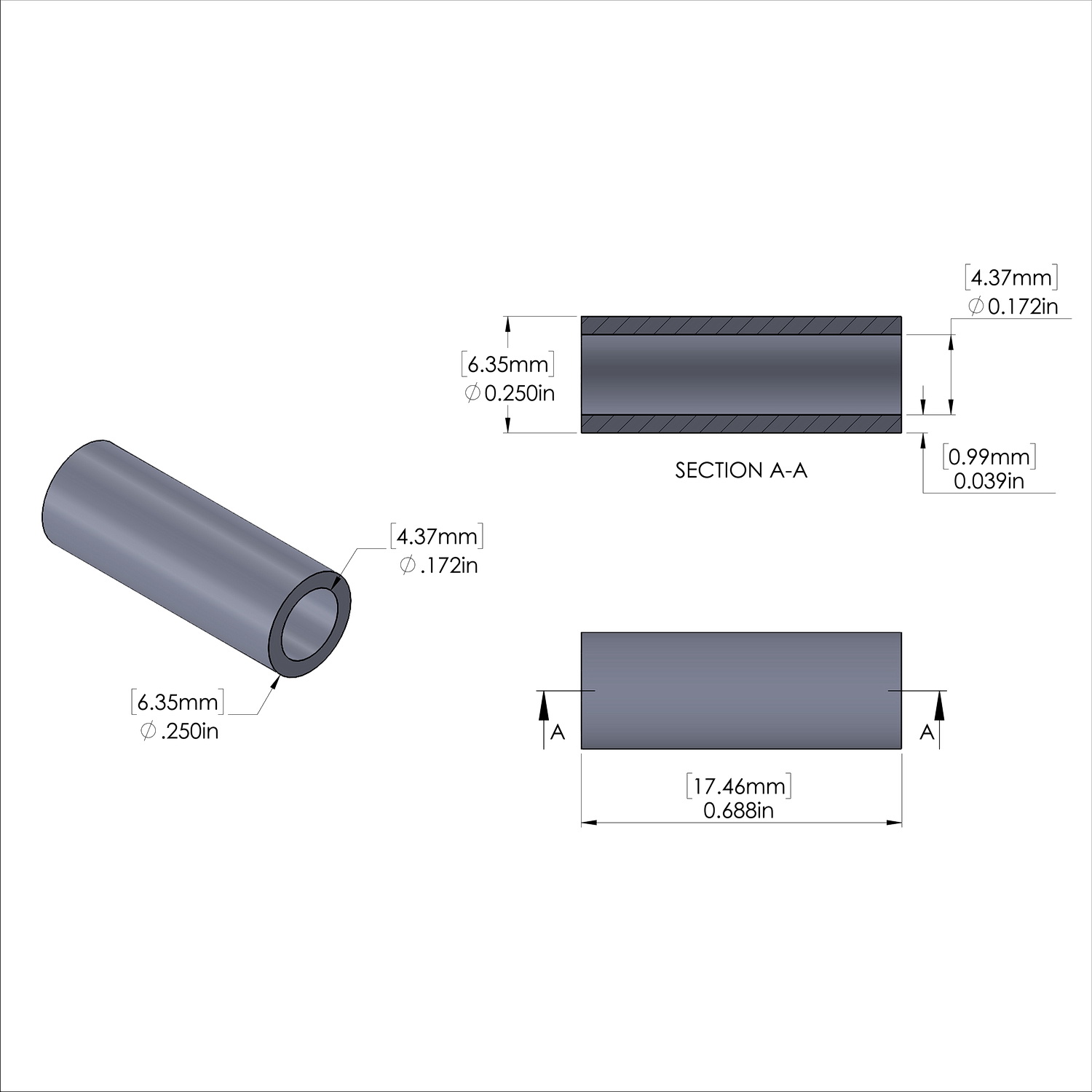 Aluminum Spacer 1/4'' OD x .172'' ID x 11/16'' Long, Black Anodized Finish