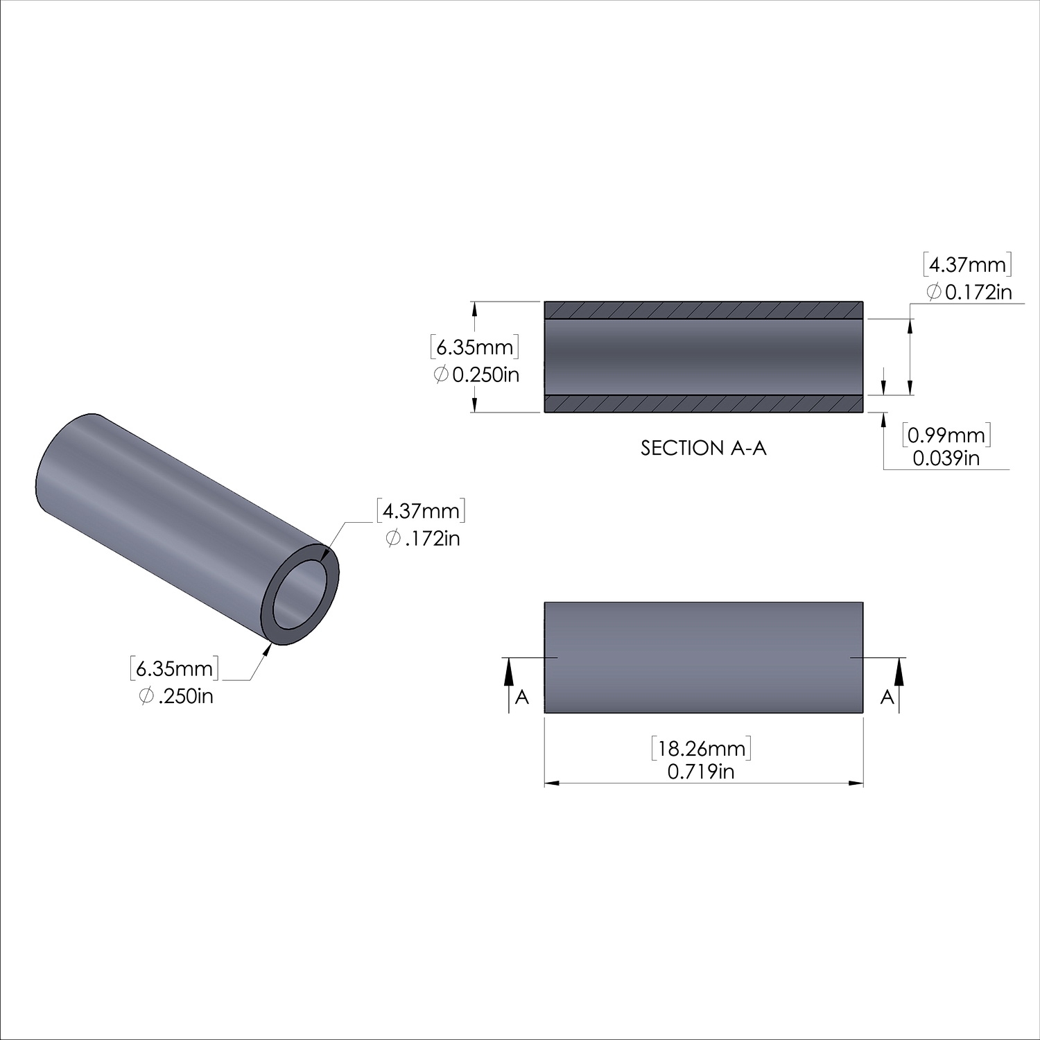 Aluminum Spacer 1/4'' OD x .172'' ID x 23/32'' Long, Plain Aluminum Finish