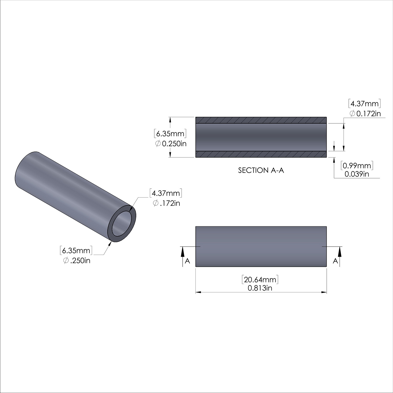 Aluminum Spacer 1/4'' OD x .172'' ID x 13/16'' Long, Plain Aluminum Finish