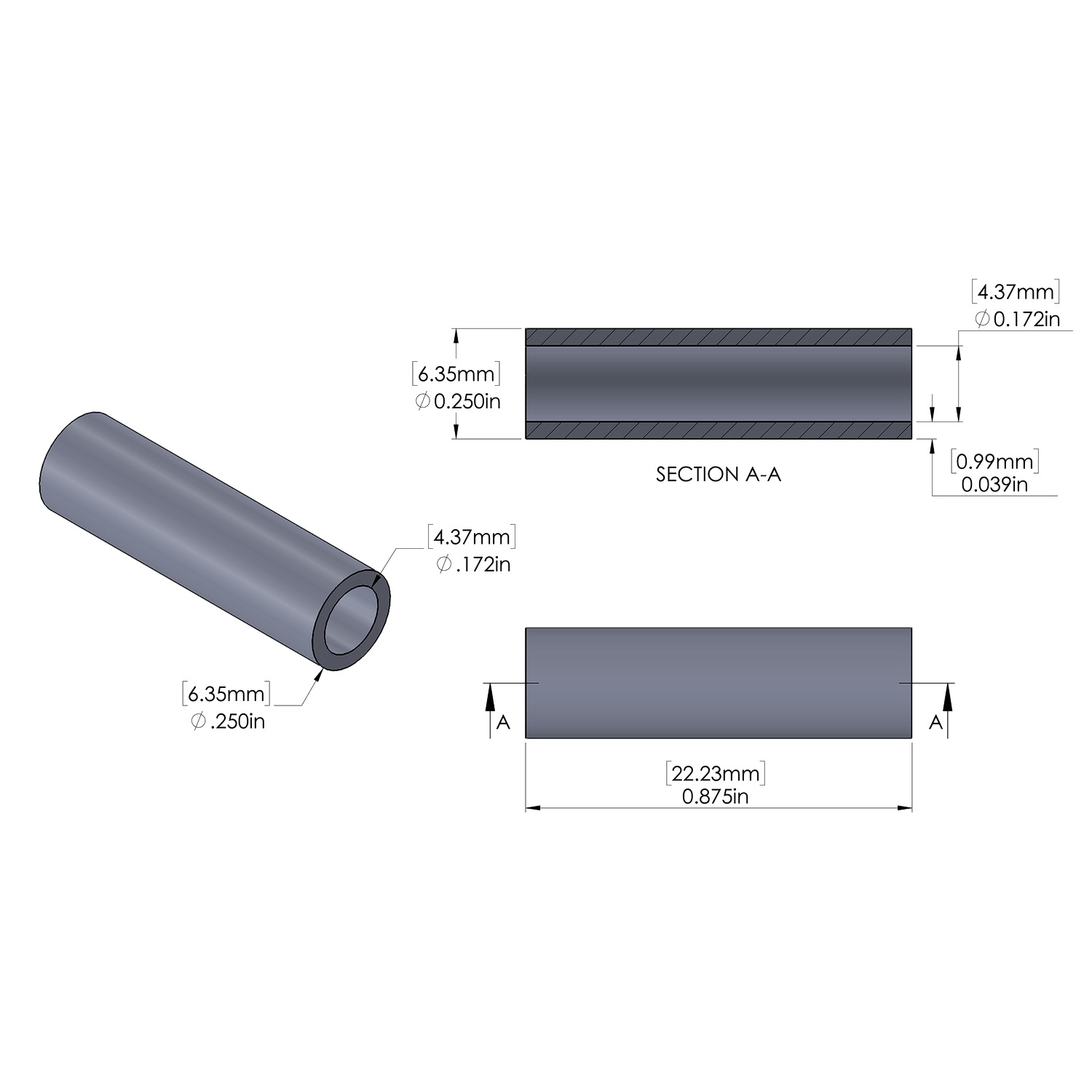 Aluminum Spacer 1/4'' OD x .172'' ID x 7/8'' Long, Black Anodized Finish