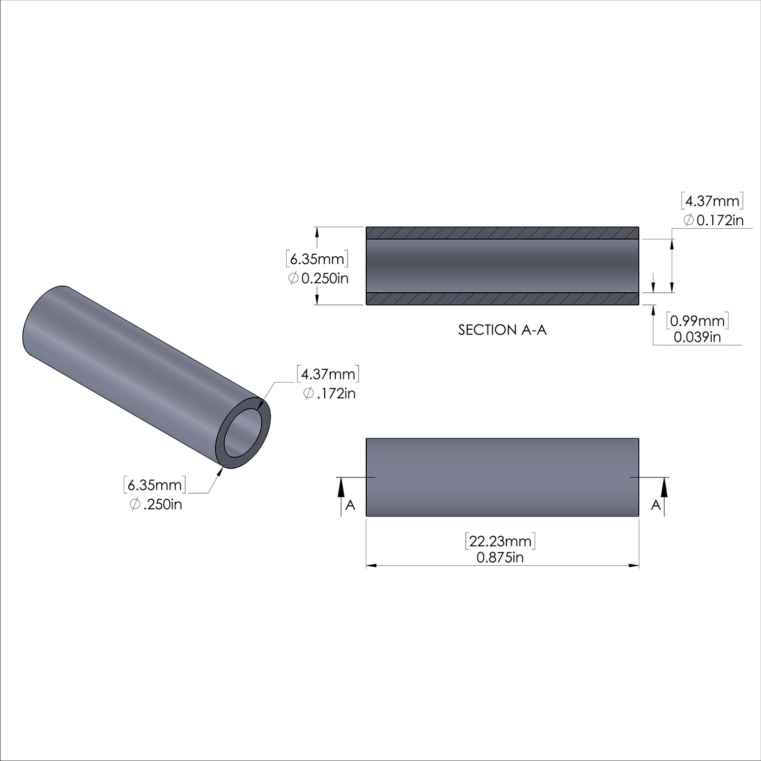 Aluminum Spacer 1/4'' OD x .172'' ID x 7/8'' Long, Plain Aluminum Finish