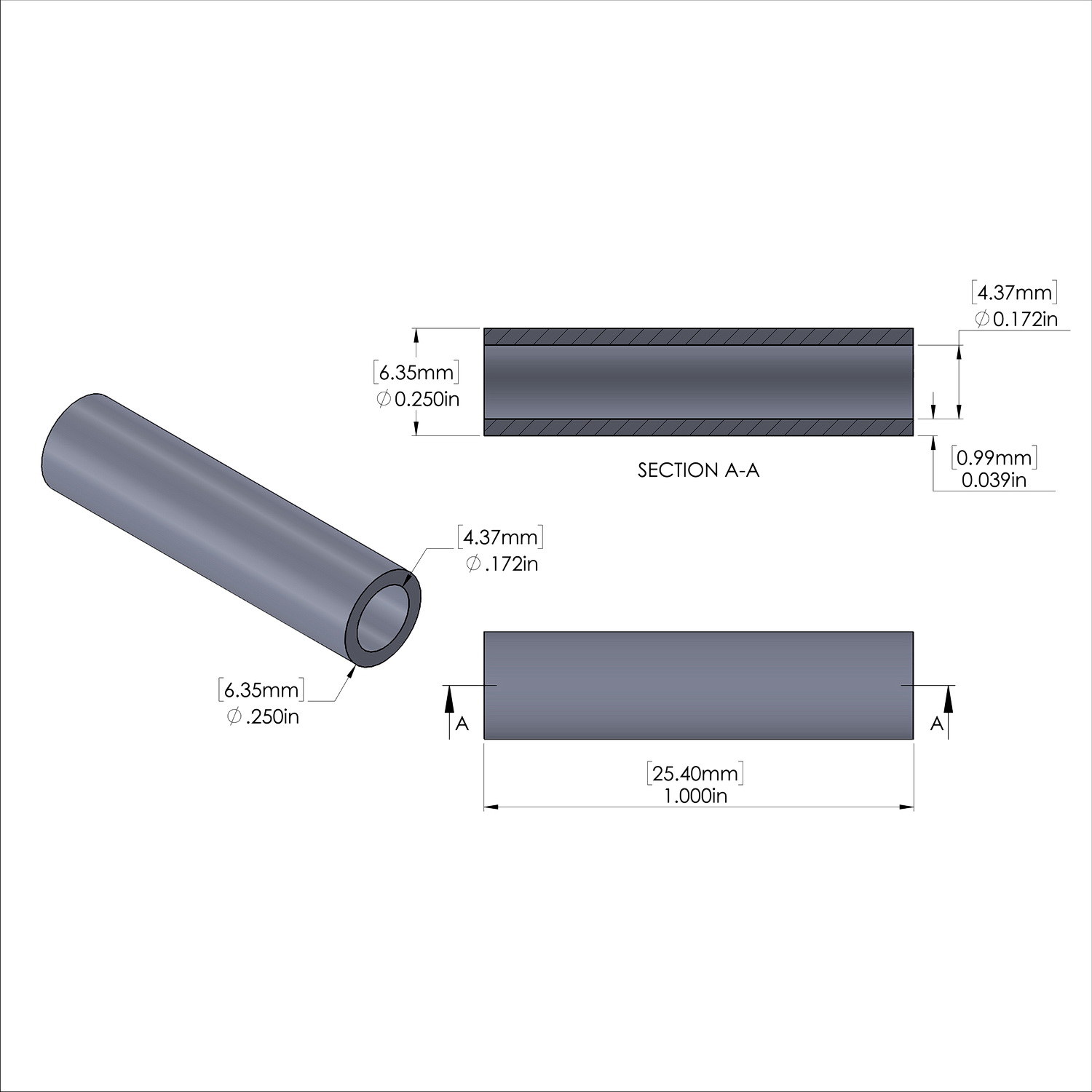 Aluminum Spacer 1/4'' OD x .172'' ID x 1.000'' Long, Plain Aluminum Finish