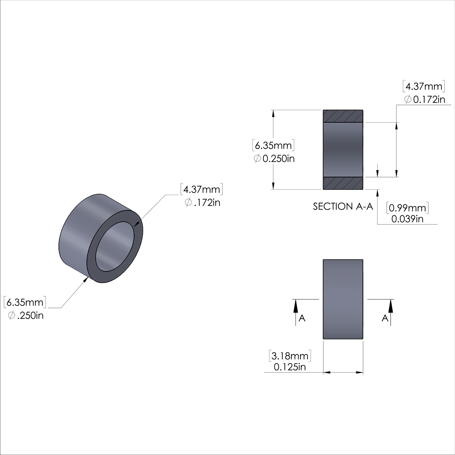 Aluminum Spacer 1/4'' OD x .172'' ID x 1/8'' Long, Black Anodized Finish