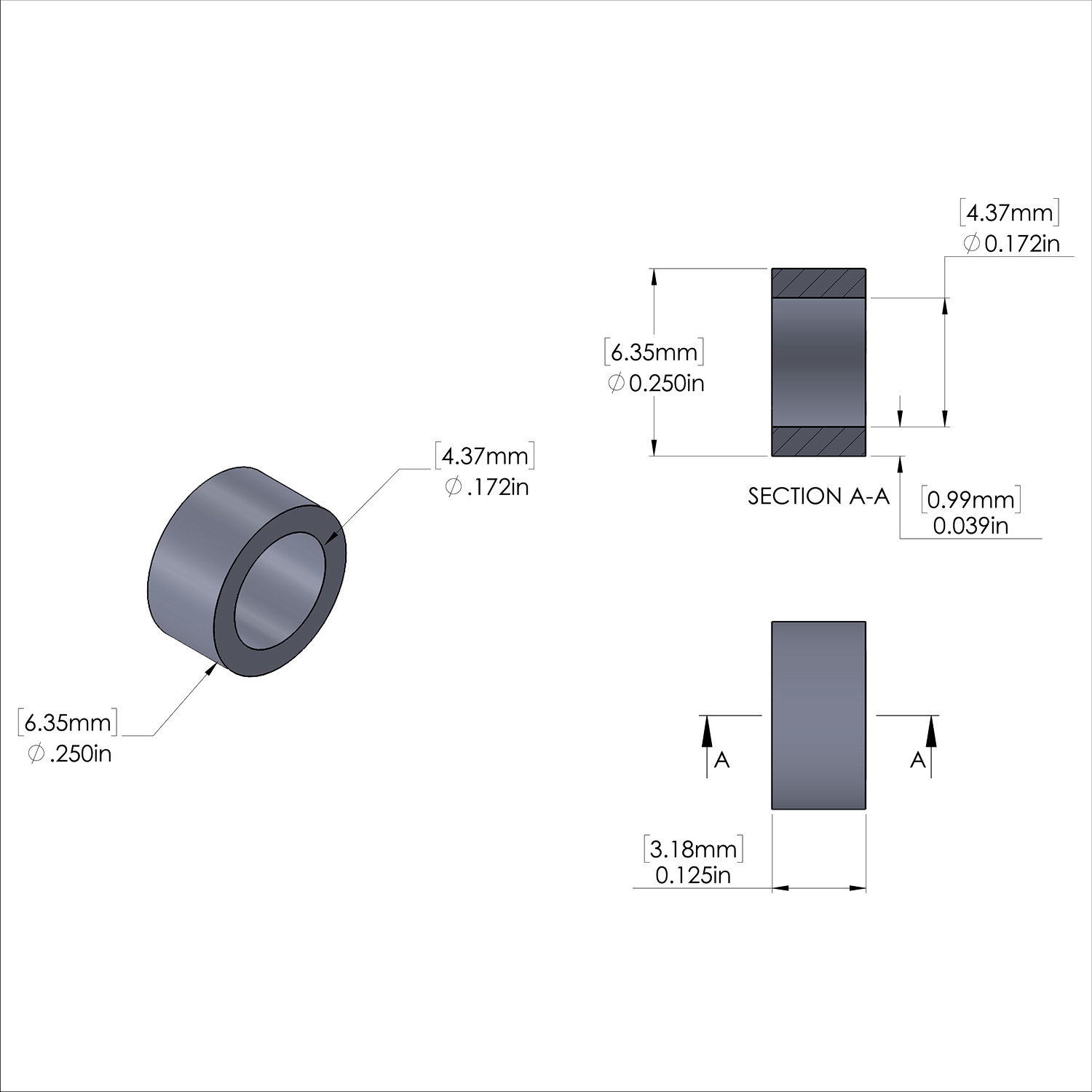 Aluminum Spacer 1/4'' OD x .172'' ID x 1/8'' Long, Plain Aluminum Finish
