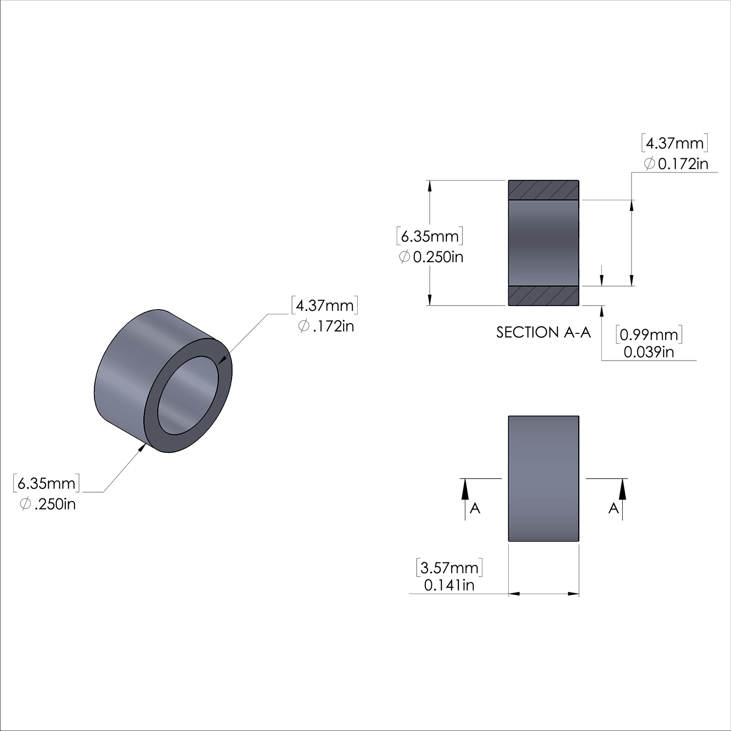 Aluminum Spacer 1/4'' OD x .172'' ID x 9/64'' Long, Plain Aluminum Finish