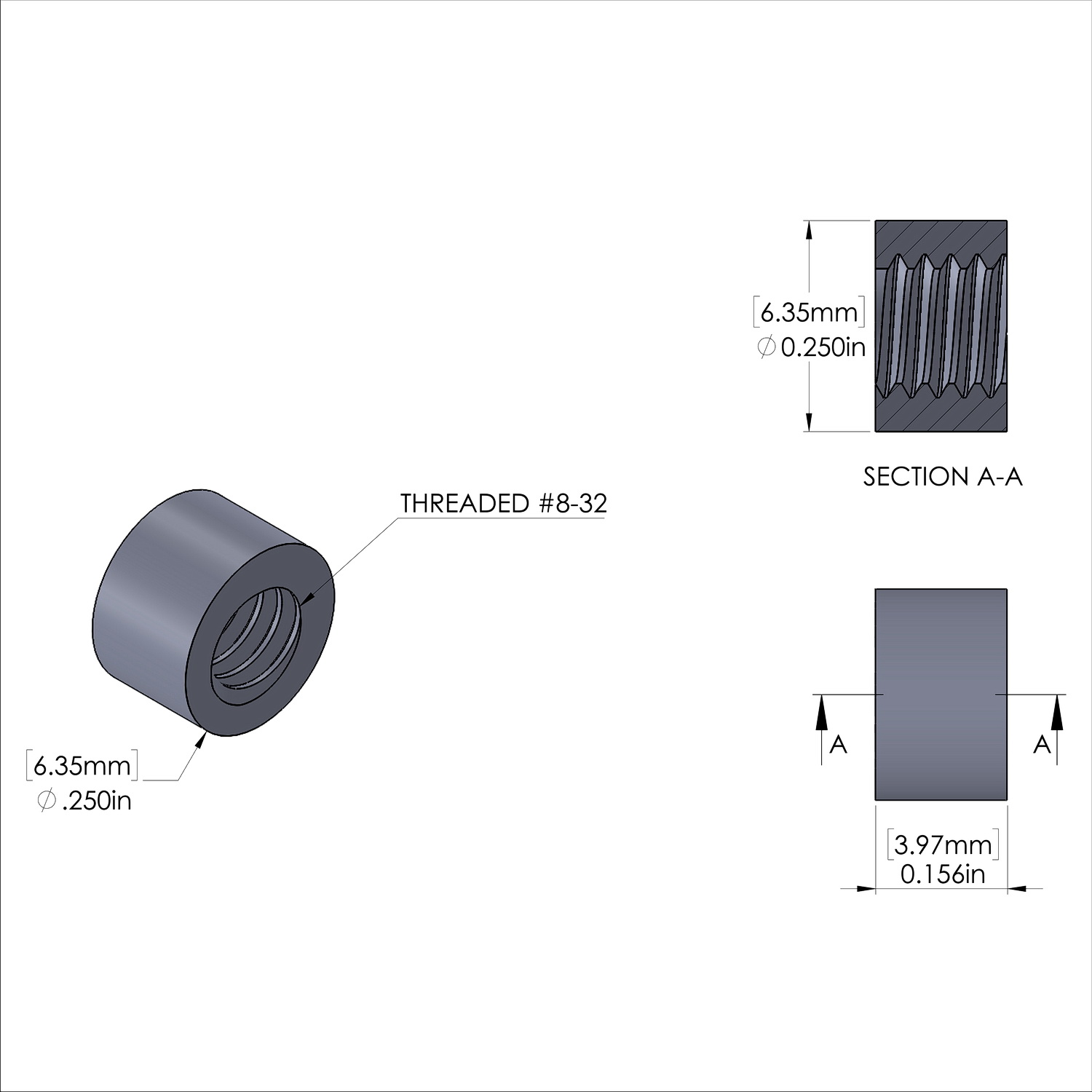 Aluminum Standoff 1/4'' OD x 8-32 Thread x 5/32'' Long, Plain Aluminum Finish