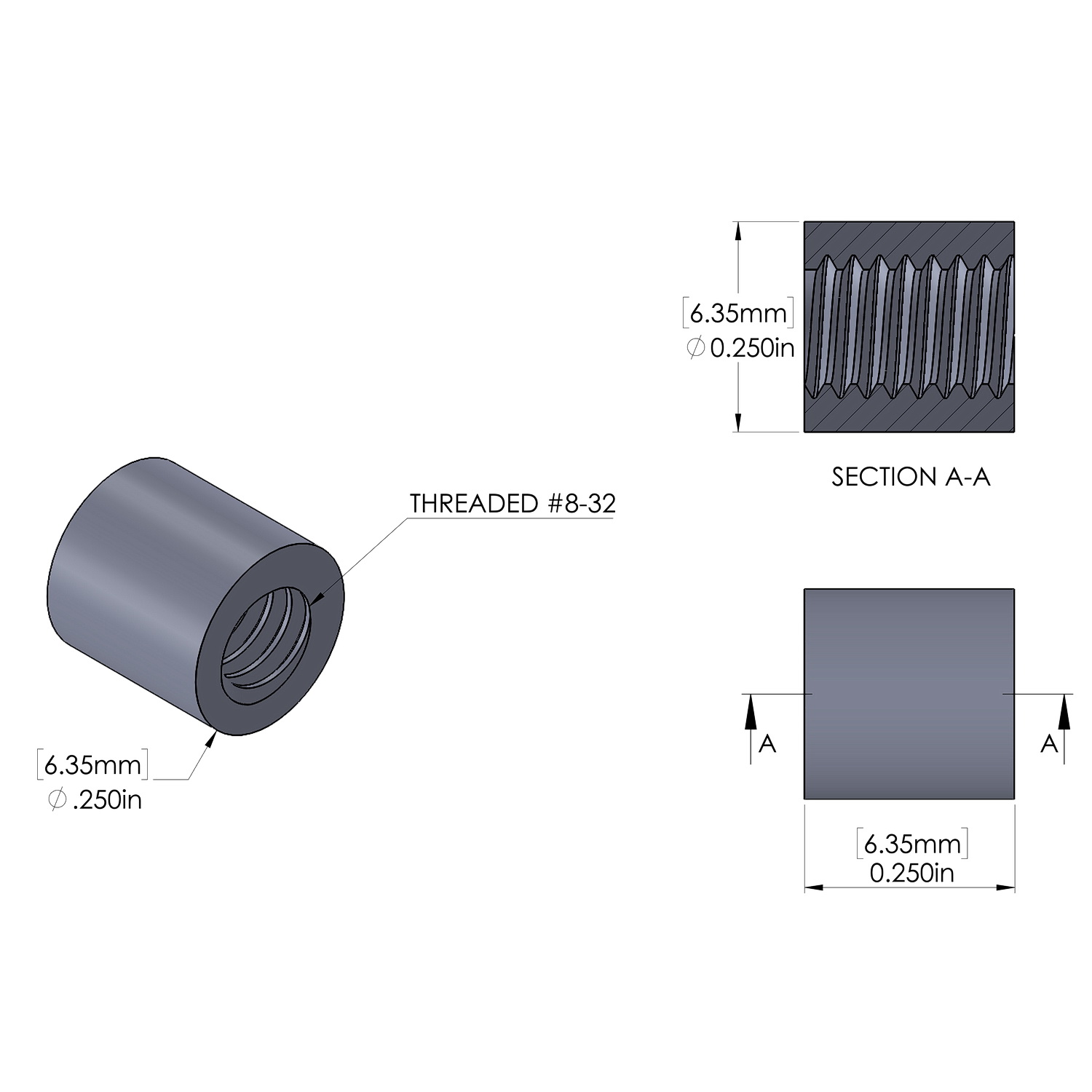 Aluminum Standoff 1/4'' OD x 8-32 Thread x 1/4'' Long