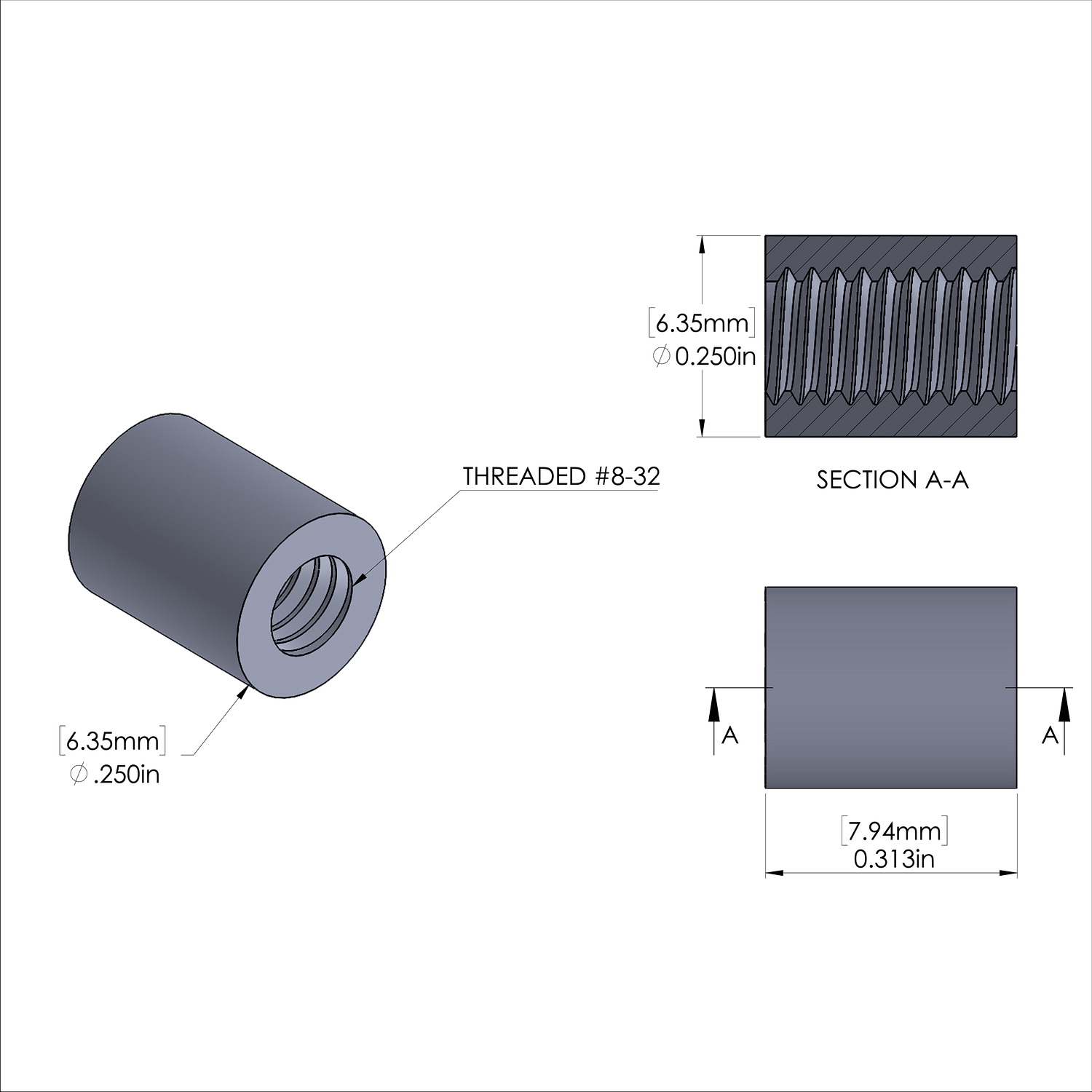 Aluminum Standoff 1/4'' OD x 8-32 Thread x 5/16'' Long, Plain Aluminum Finish