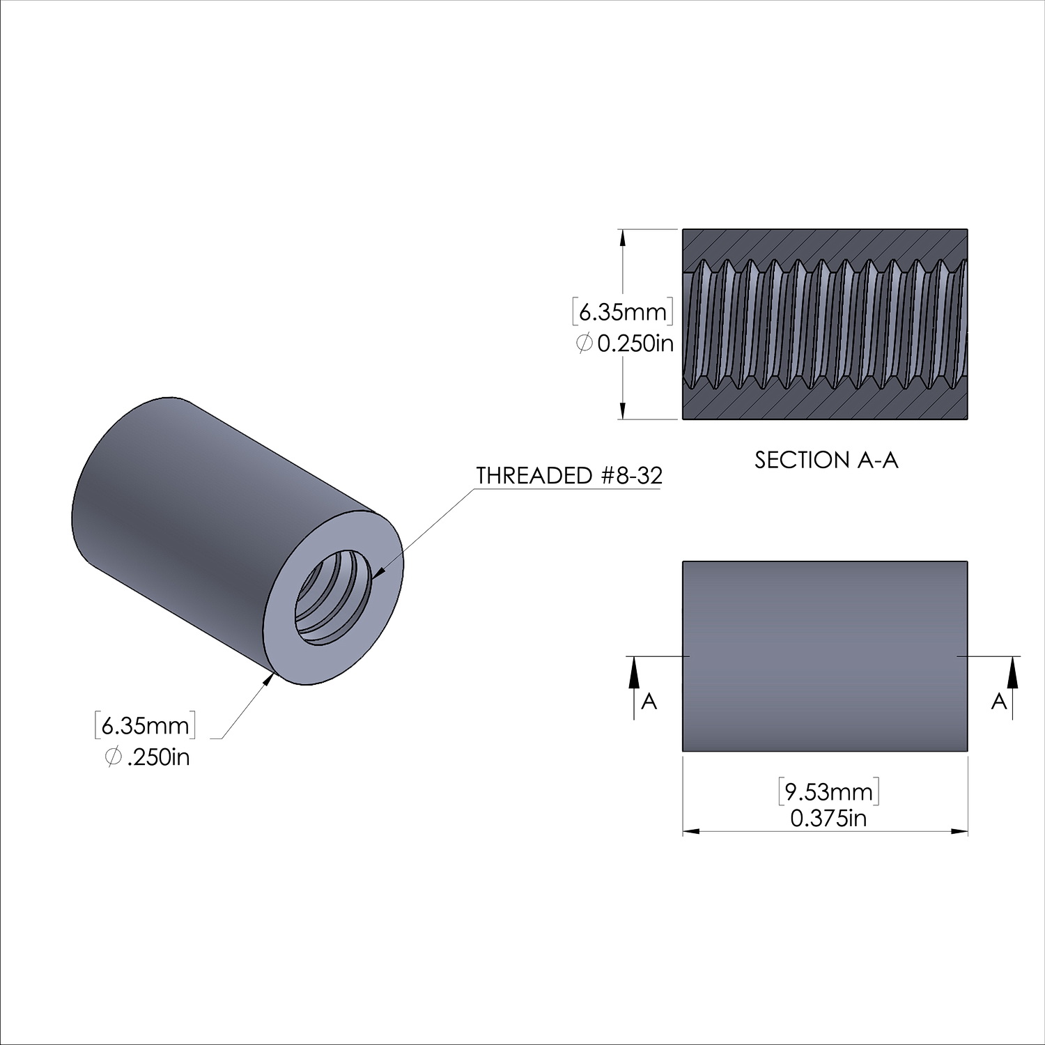 Aluminum Standoff 1/4'' OD x 8-32 Thread x 3/8'' Long, Plain Aluminum Finish
