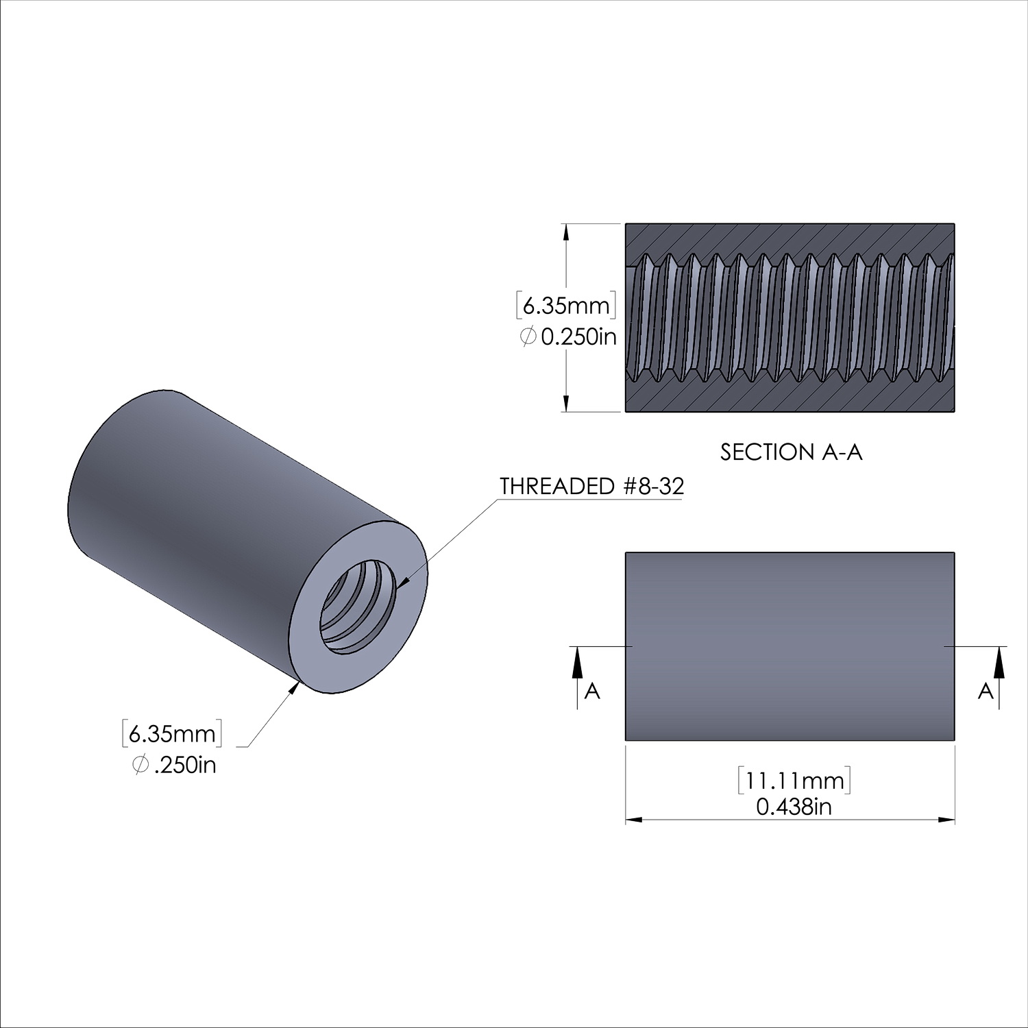 Aluminum Standoff 1/4'' OD x 8-32 Thread x 7/16'' Long, Plain Aluminum Finish