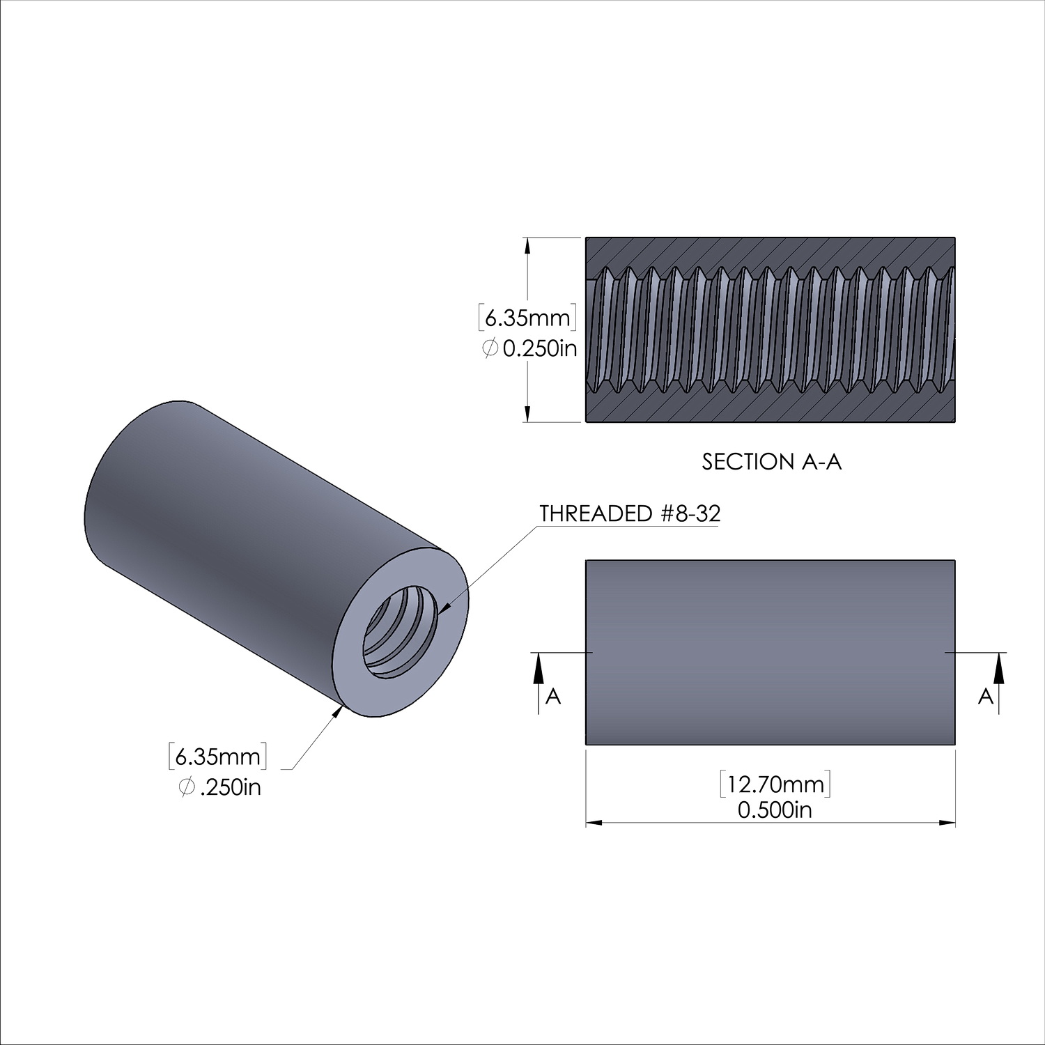 Aluminum Standoff 1/4'' OD x 8-32 Thread x 1/2'' Long
