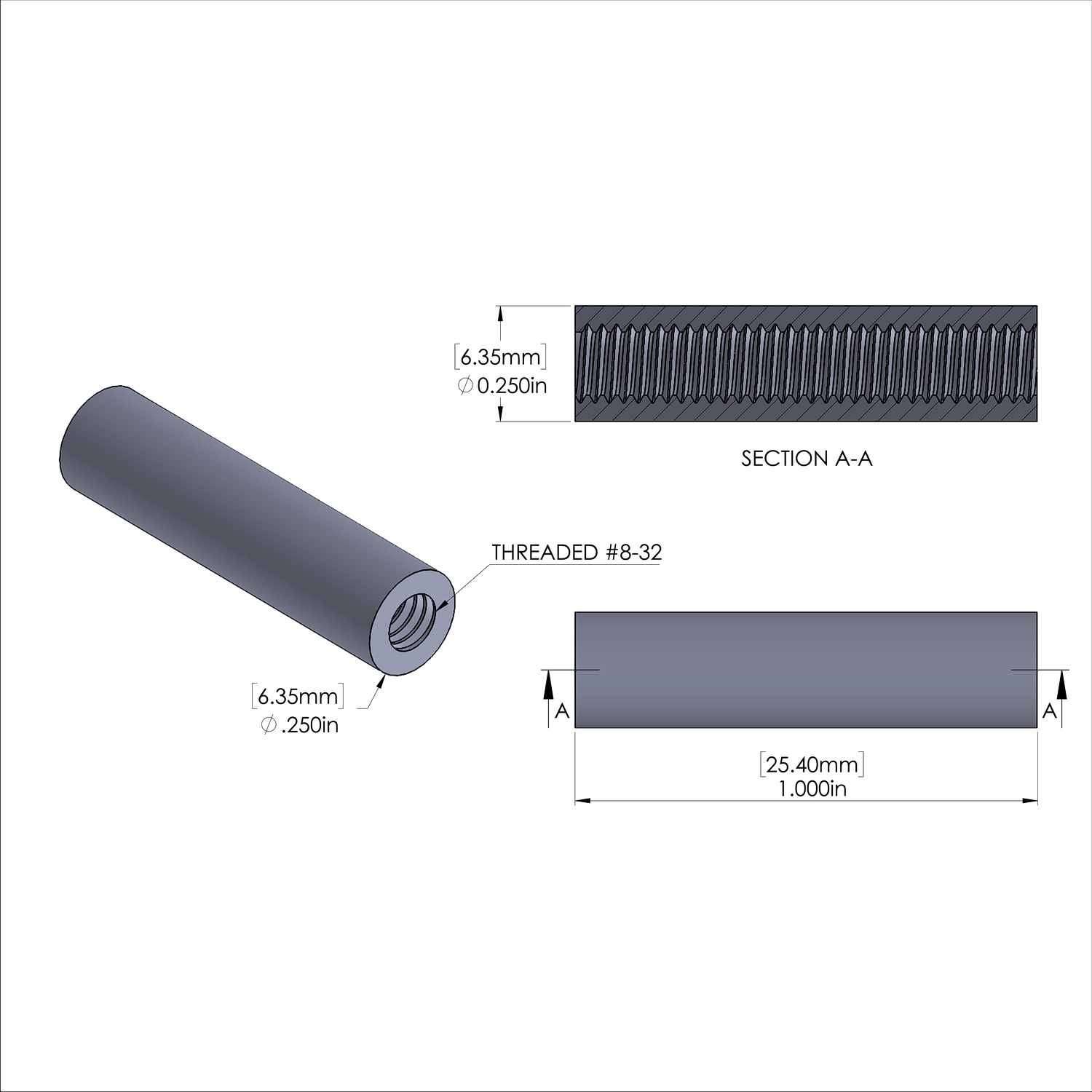 Aluminum Standoff 1/4'' OD x 8-32 Thread x 1'' Long, Plain Aluminum Finish