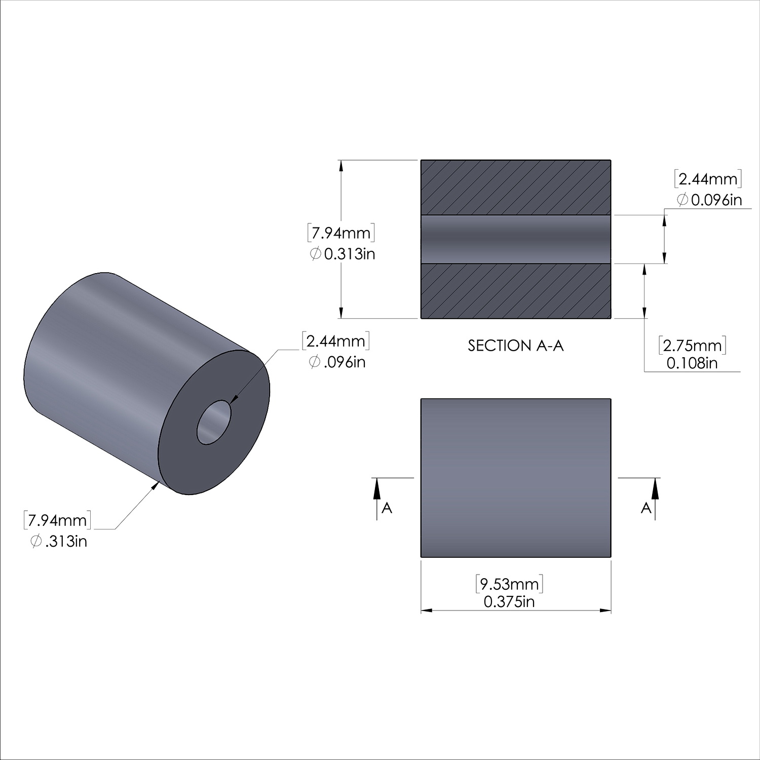 Aluminum Spacer 5/16'' OD x .096'' ID x 3/8'' Long, Plain Aluminum Finish
