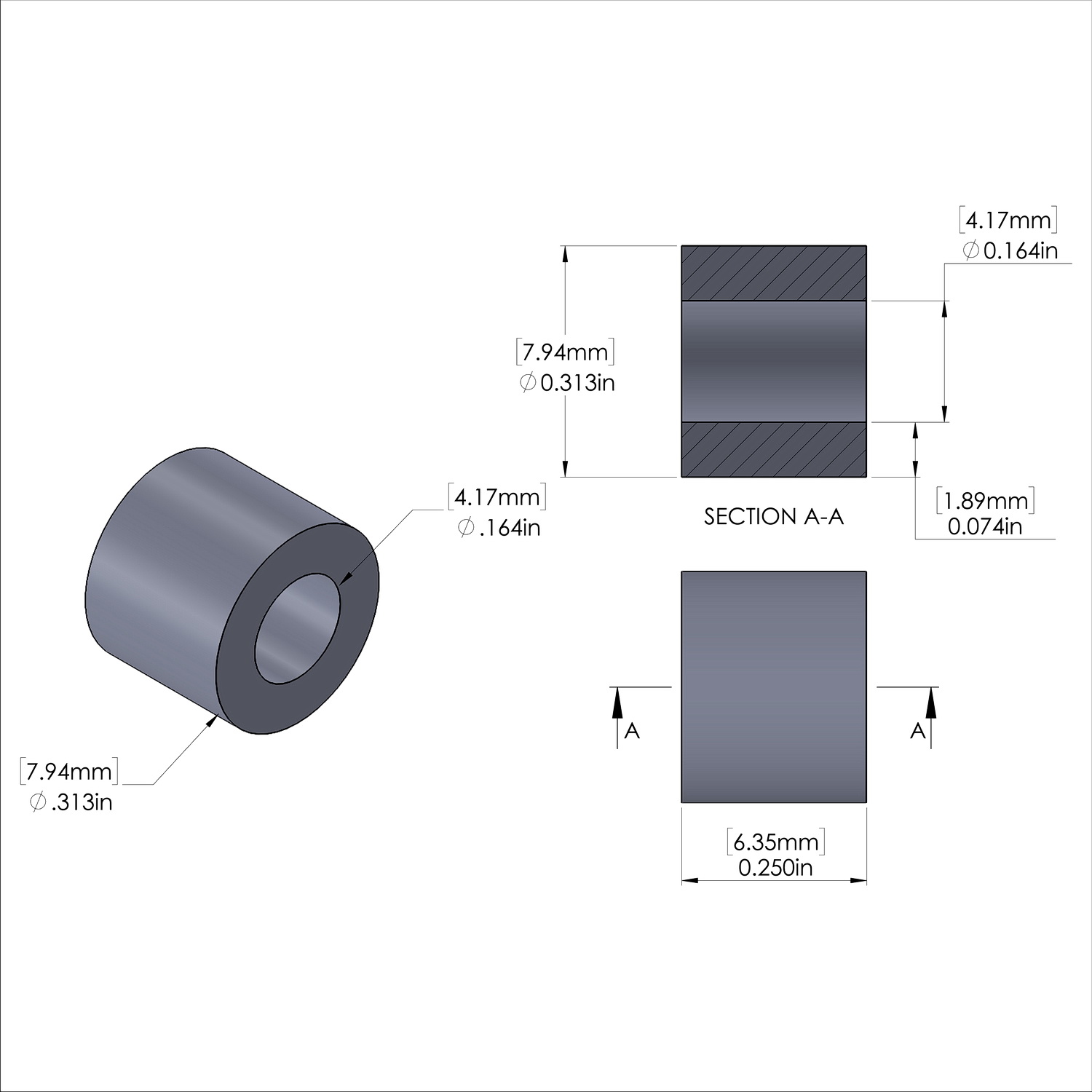 Aluminum Spacer 5/16'' OD x .164'' ID x 1/4'' Long, Plain Aluminum Finish