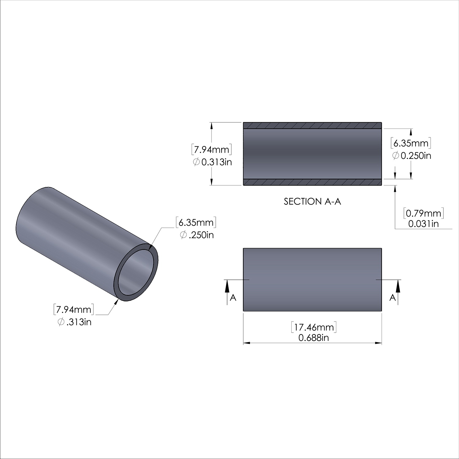 Aluminum Spacer 5/16'' OD x .250'' ID x 11/16'' Long