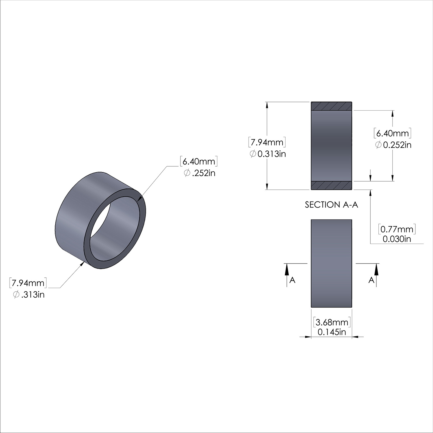 Aluminum Spacer 5/16'' OD x .252'' ID x .145'' Long, Plain Aluminum Finish