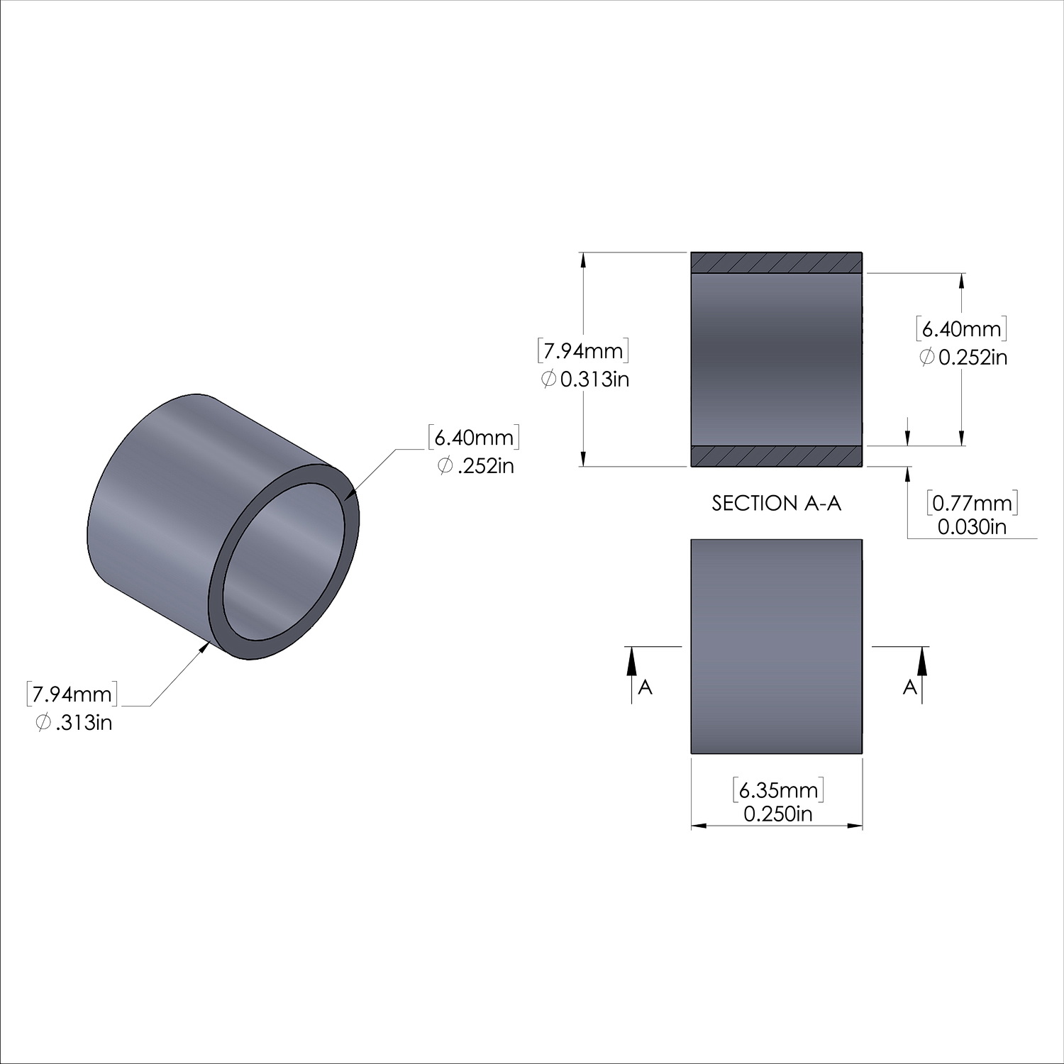Aluminum Spacer 5/16'' OD x .252'' ID x 1/4'' Long, Plain Aluminum Finish