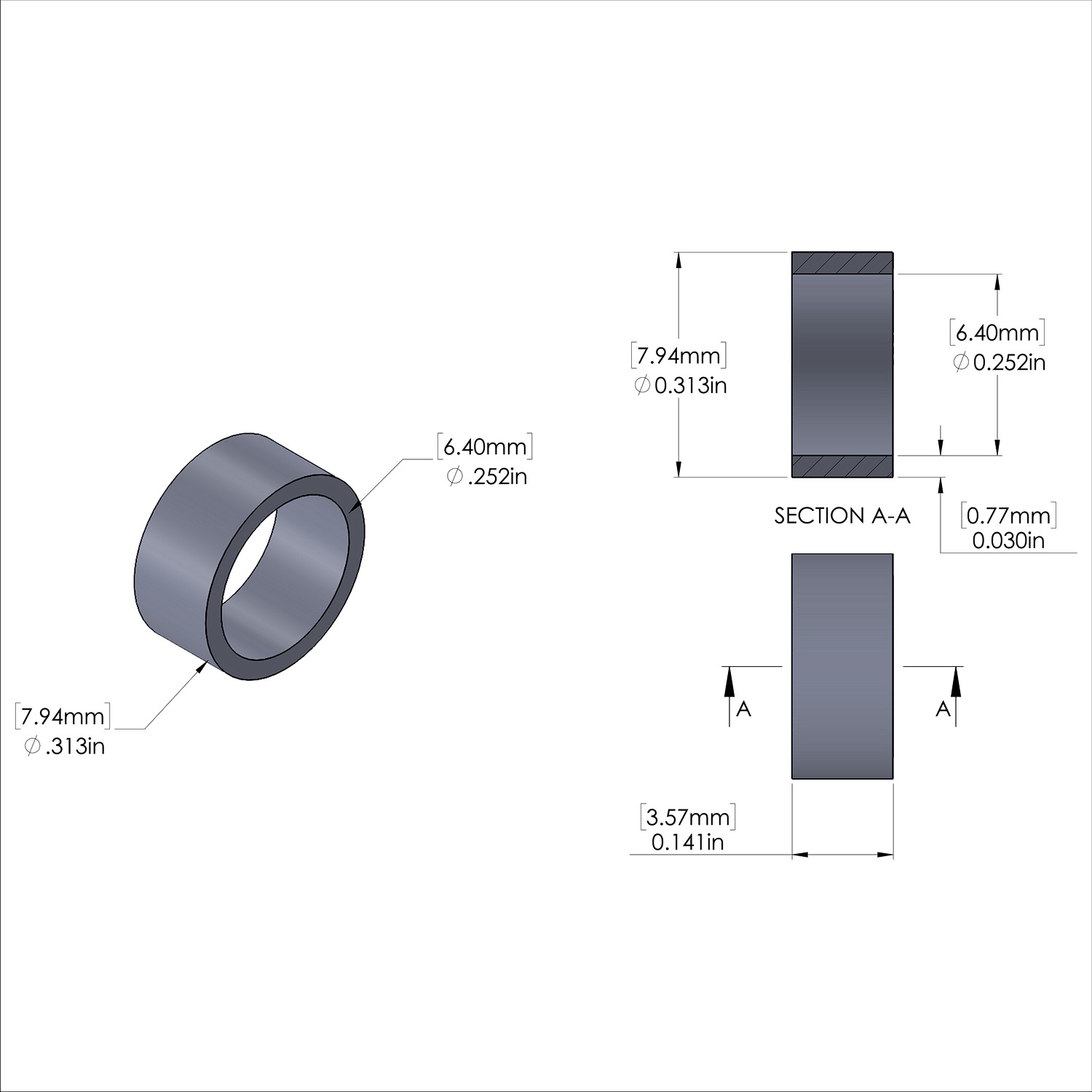 Aluminum Spacer 5/16'' OD x .252'' ID x 9/64'' Long, Plain Aluminum Finish