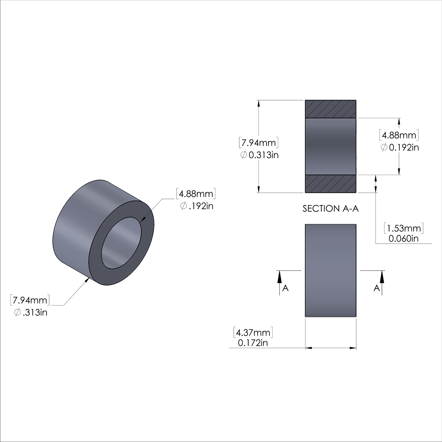 Aluminum Spacer 5/16'' OD x .192'' ID x 11/64'' Long, Plain Aluminum Finish