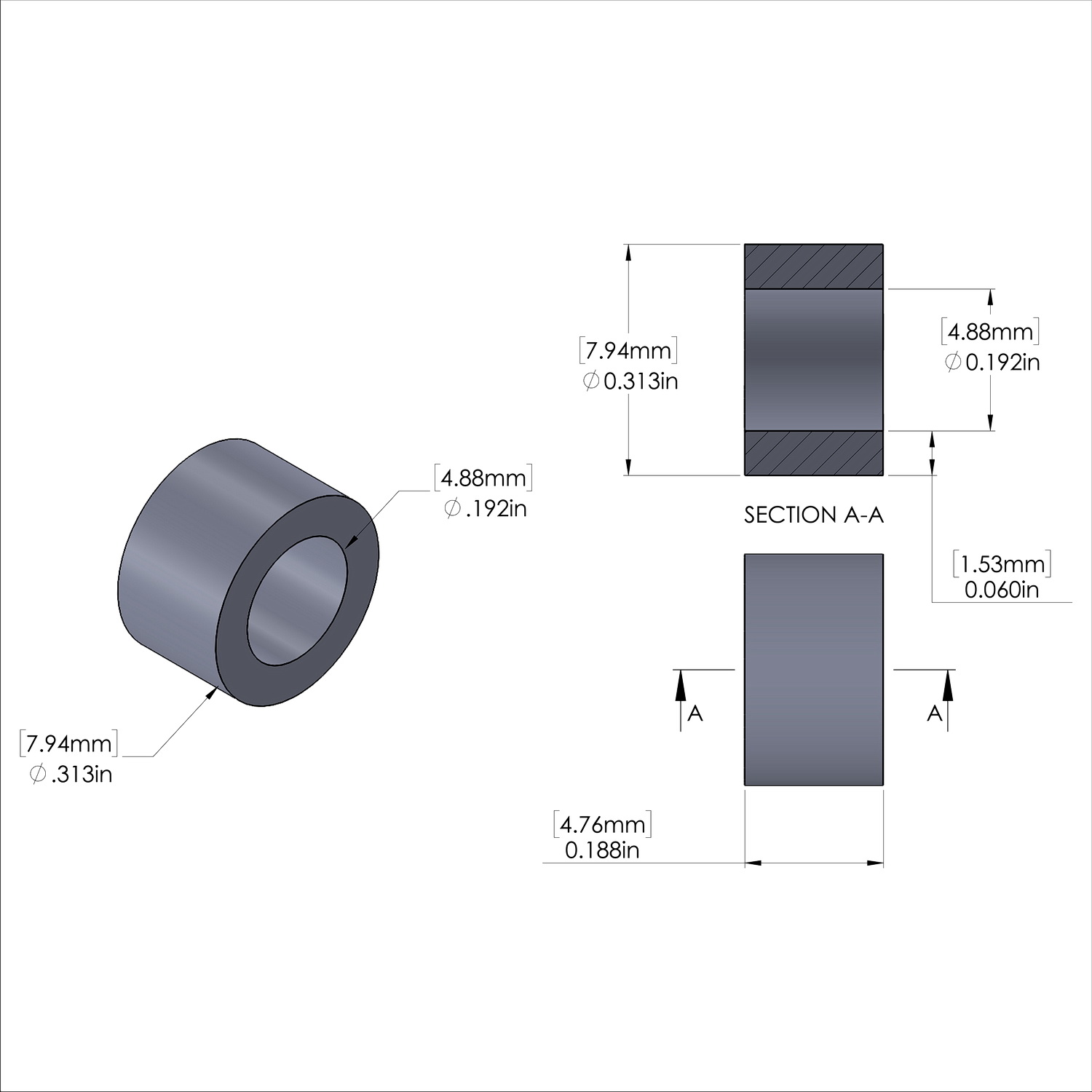 Aluminum Spacer 5/16'' OD x .192'' ID x 3/16'' Long, Black Anodized Finish