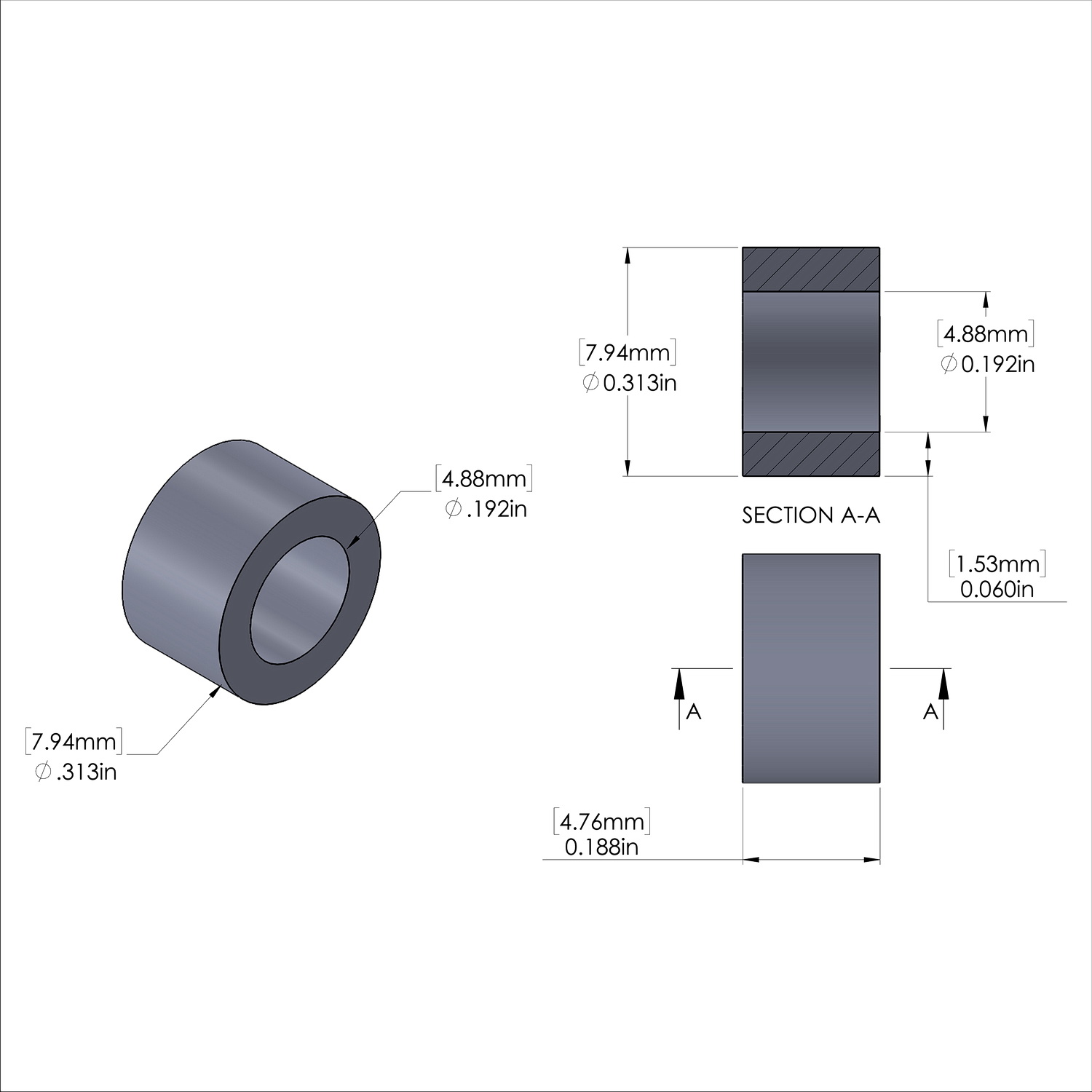 Aluminum Spacer 5/16'' OD x .192'' ID x 3/16'' Long, Plain Aluminum Finish