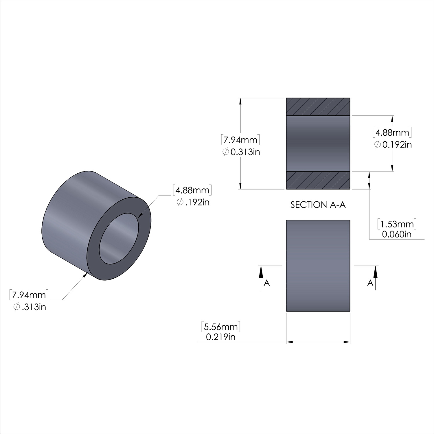 Aluminum Spacer 5/16'' OD x .192'' ID x 7/32'' Long, Plain Aluminum Finish