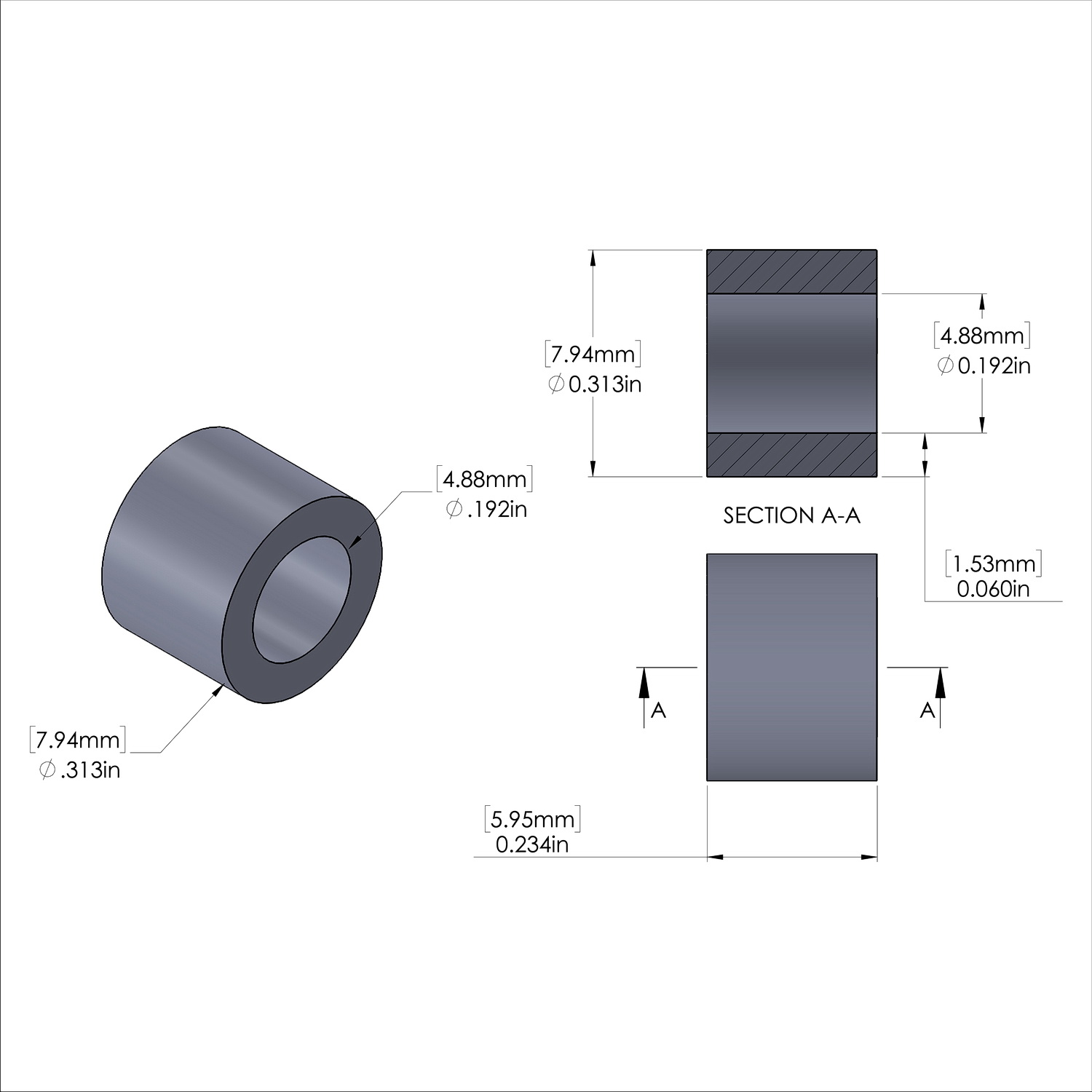 Aluminum Spacer 5/16'' OD x .192'' ID x 15/64'' Long, Plain Aluminum Finish