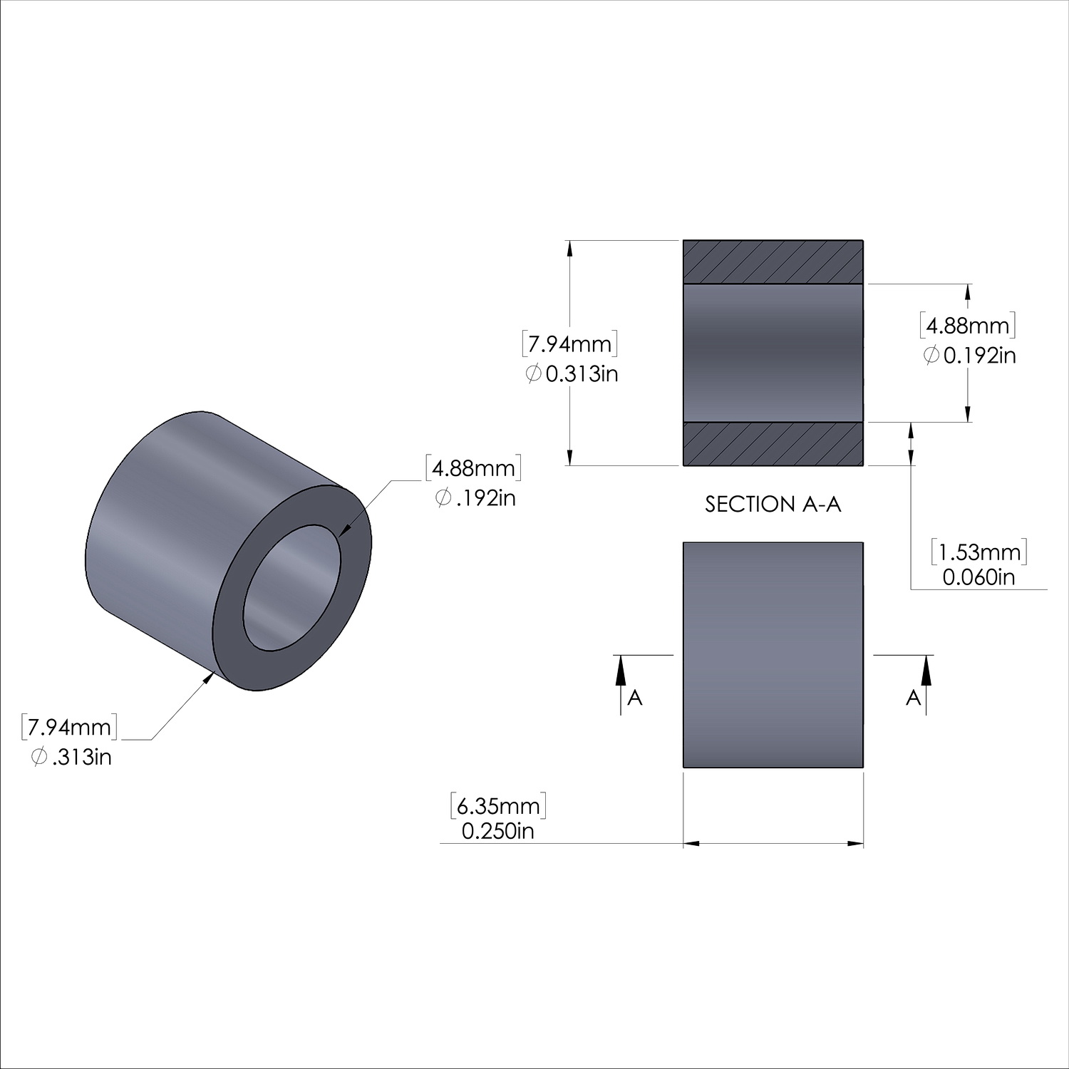 Aluminum Spacer 5/16'' OD x .192'' ID x 1/4'' Long, Plain Aluminum Finish