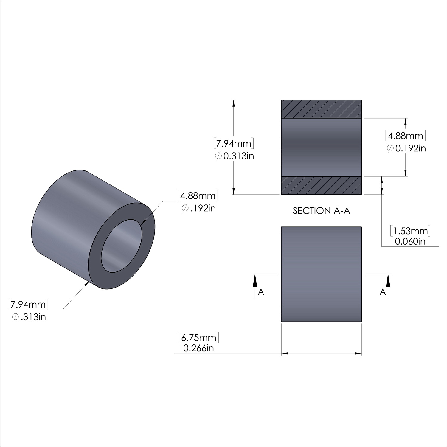 Aluminum Spacer 5/16'' OD x .192'' ID x 17/64'' Long, Plain Aluminum Finish