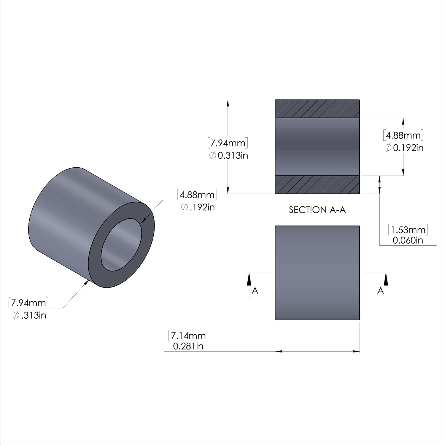 Aluminum Spacer 5/16'' OD x .192'' ID x 9/32'' Long, Plain Aluminum Finish