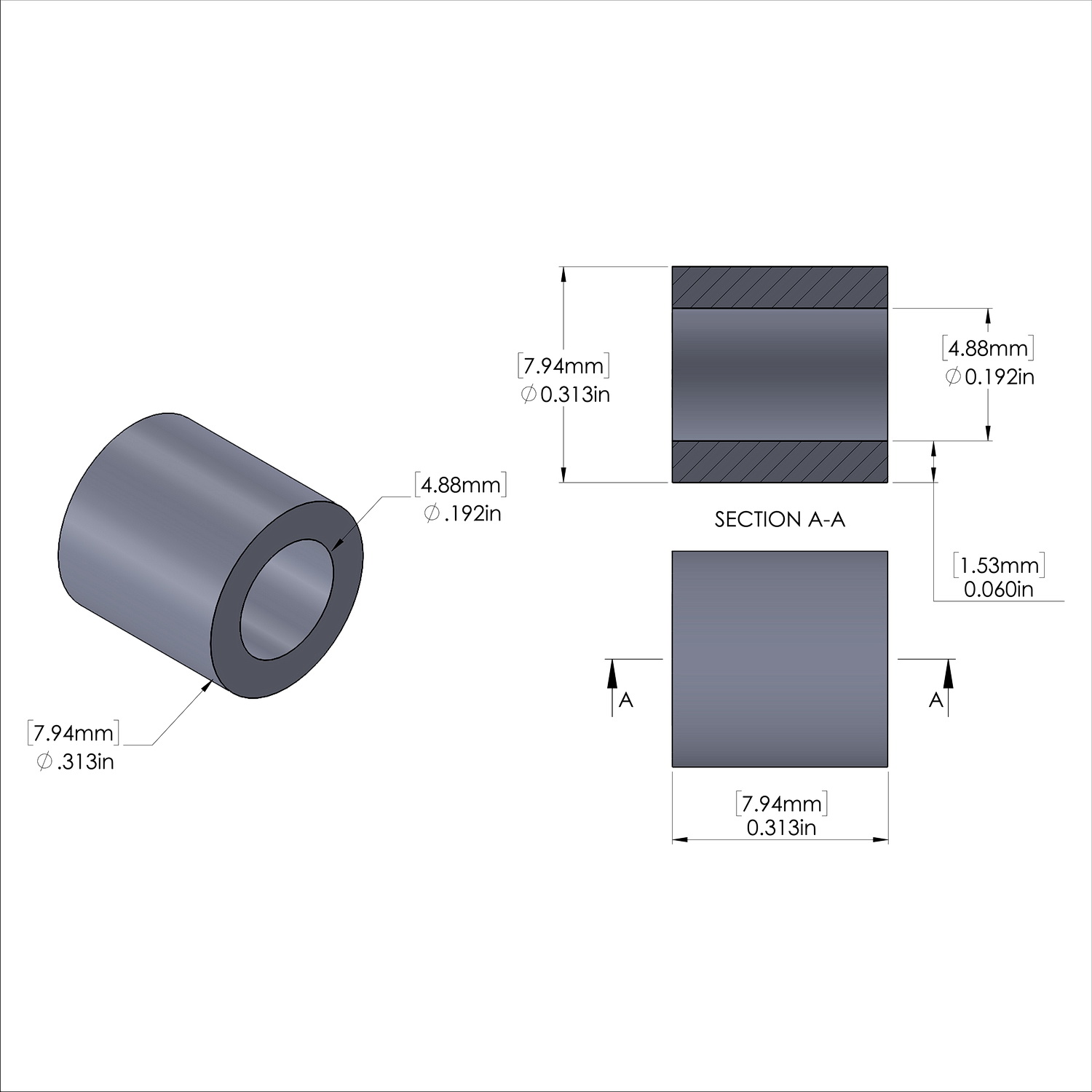 Aluminum Spacer 5/16'' OD x .192'' ID x 5/16'' Long, Black Anodized Finish