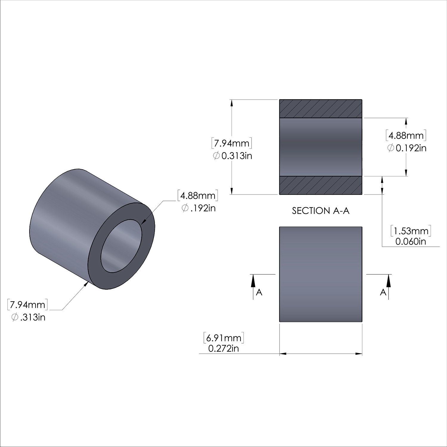 Aluminum Spacer 5/16'' OD x .192'' ID x .272'' Long, Plain Aluminum Finish