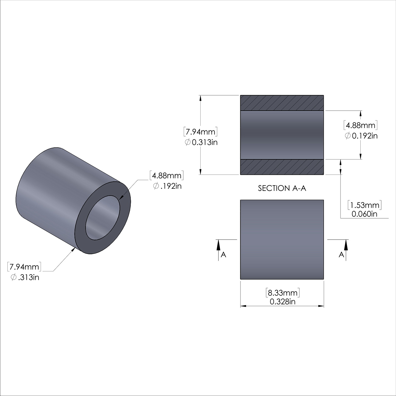 Aluminum Spacer 5/16'' OD x .192'' ID x 21/64'' Long, Plain Aluminum Finish