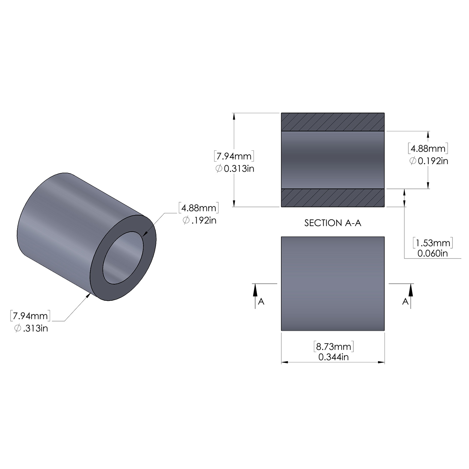 Aluminum Spacer 5/16'' OD x .192'' ID x 11/32'' Long
