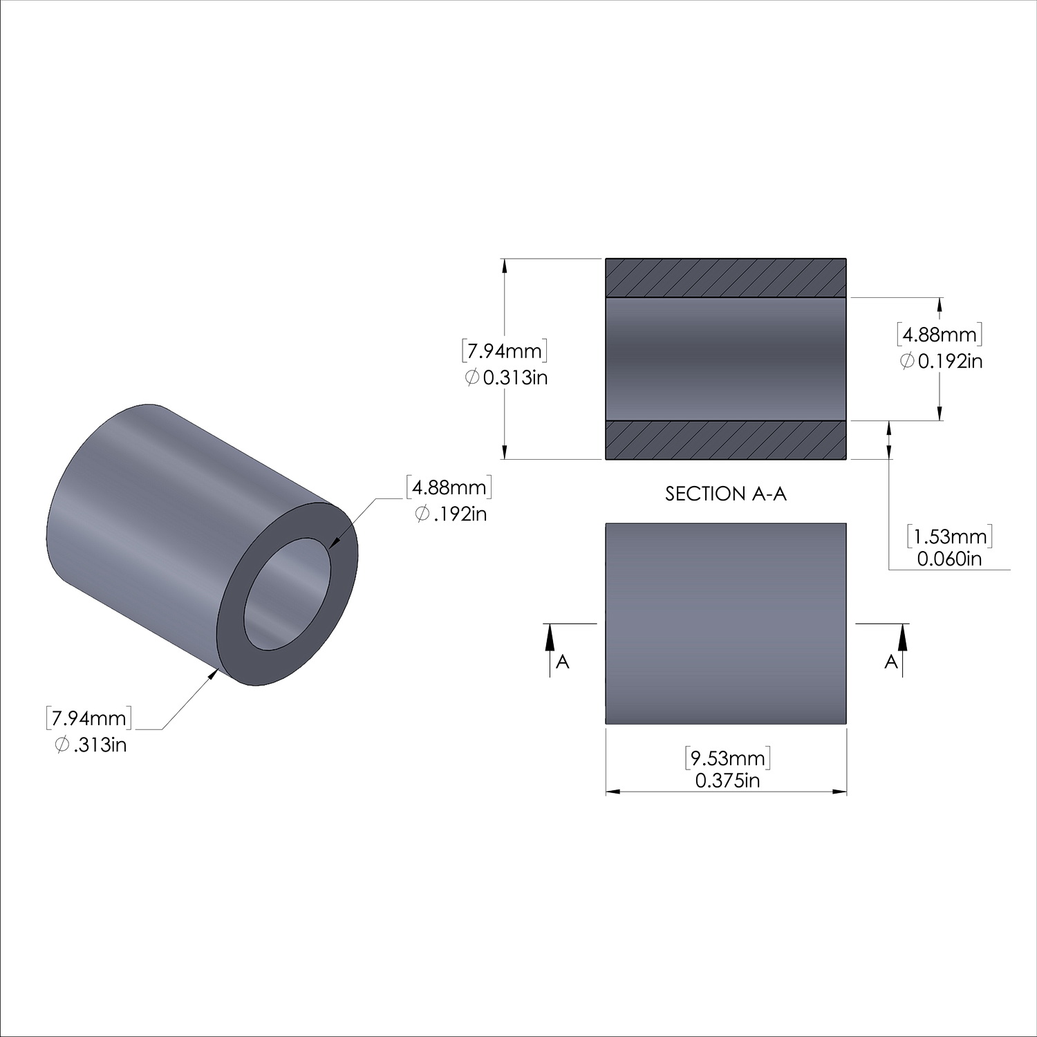 Aluminum Spacer 5/16'' OD x .192'' ID x 3/8'' Long, Black Anodized Finish