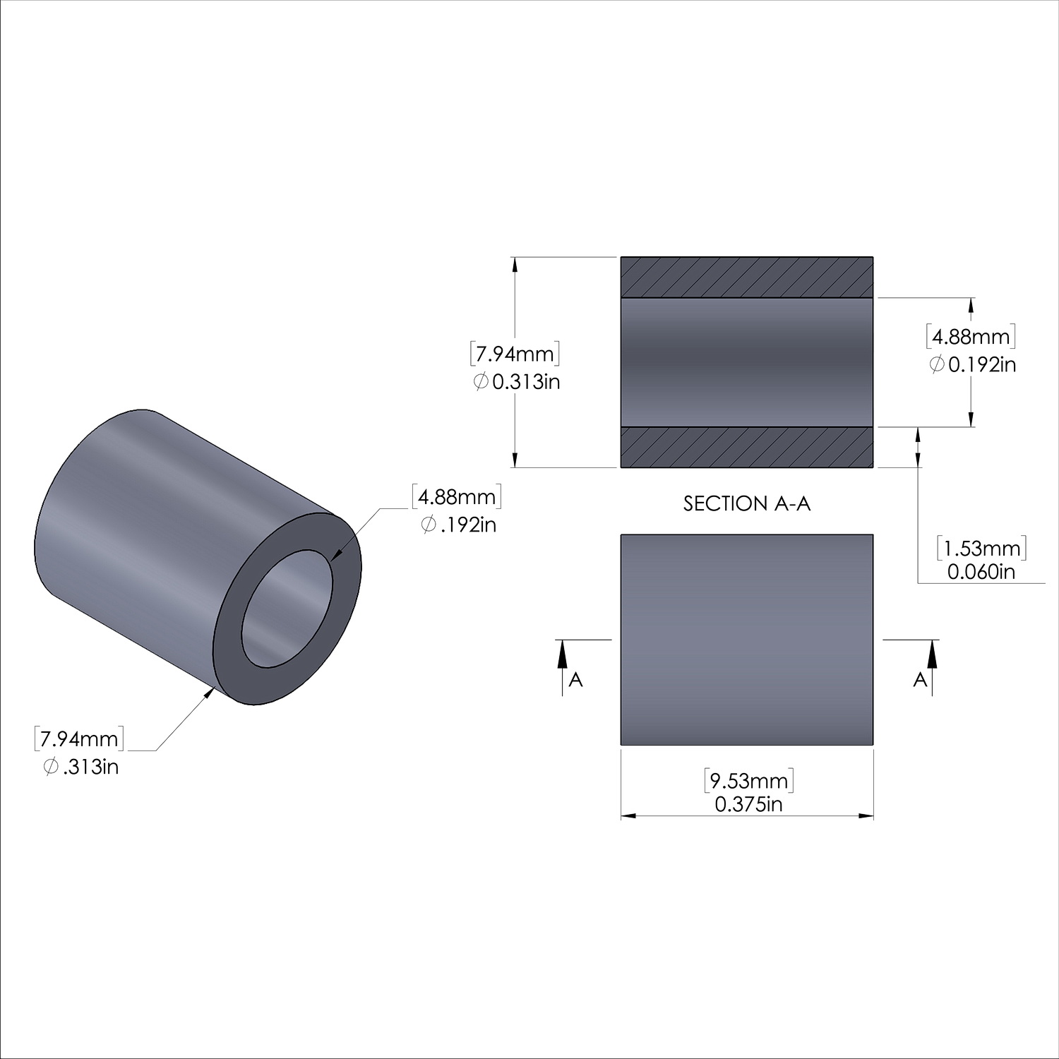 Aluminum Spacer 5/16'' OD x .192'' ID x 3/8'' Long, Plain Aluminum Finish