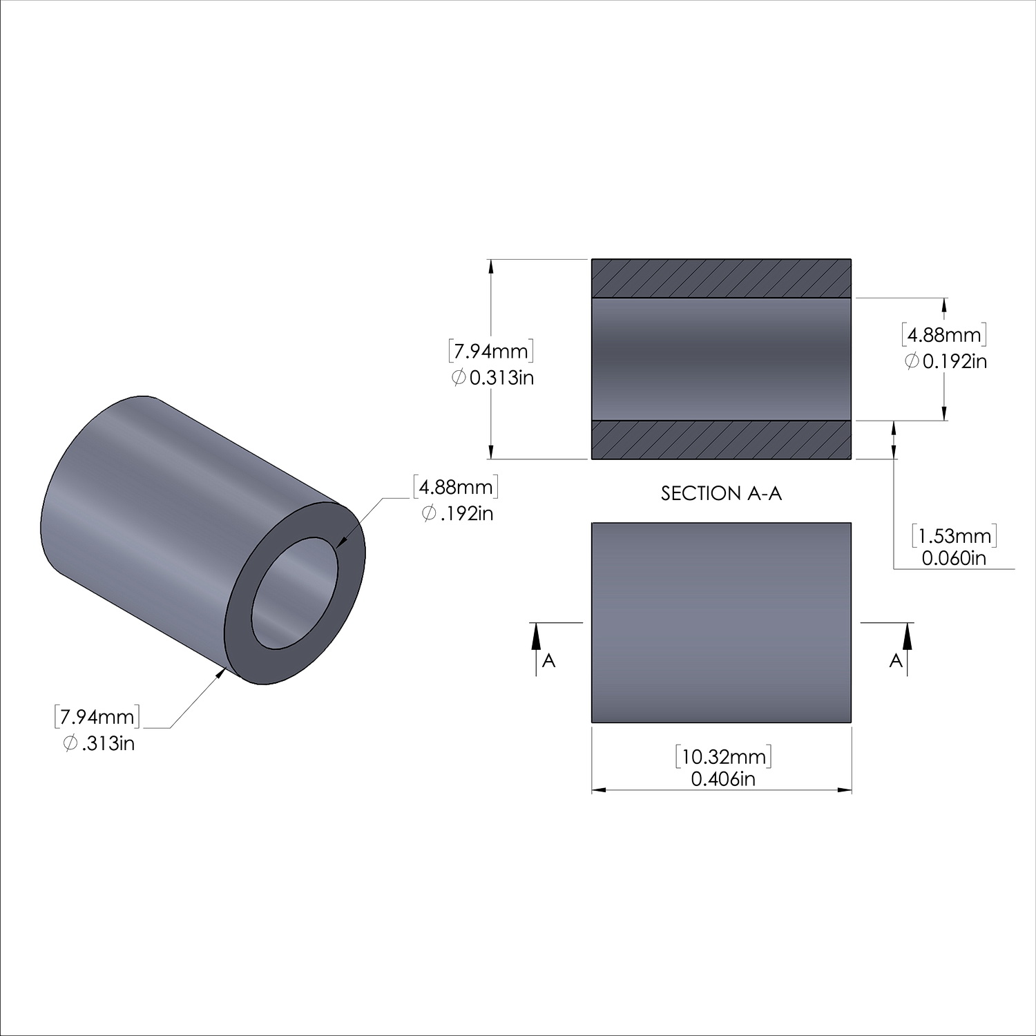Aluminum Spacer 5/16'' OD x .192'' ID x 13/32'' Long, Plain Aluminum Finish