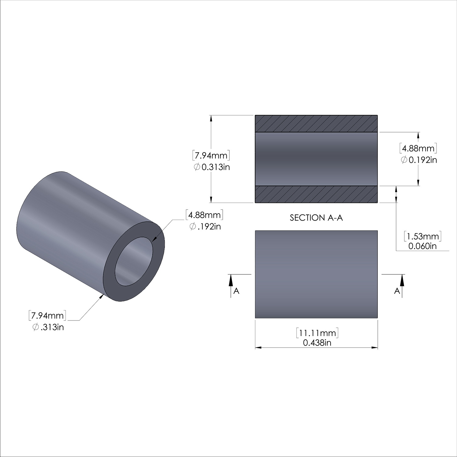 Aluminum Spacer 5/16'' OD x .192'' ID x 7/16'' Long, Black Anodized Finish