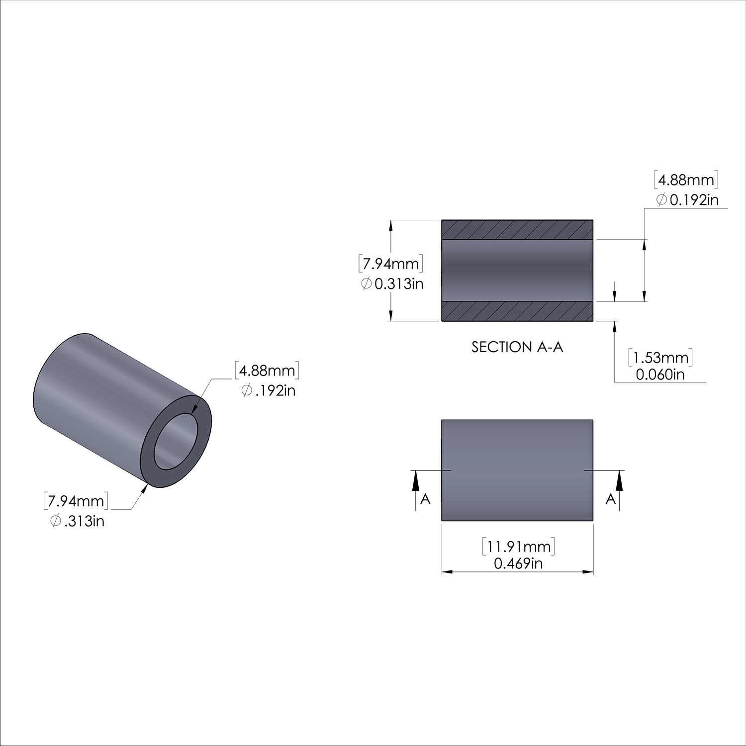 Aluminum Spacer 5/16'' OD x .192'' ID x 15/32'' Long, Plain Aluminum Finish