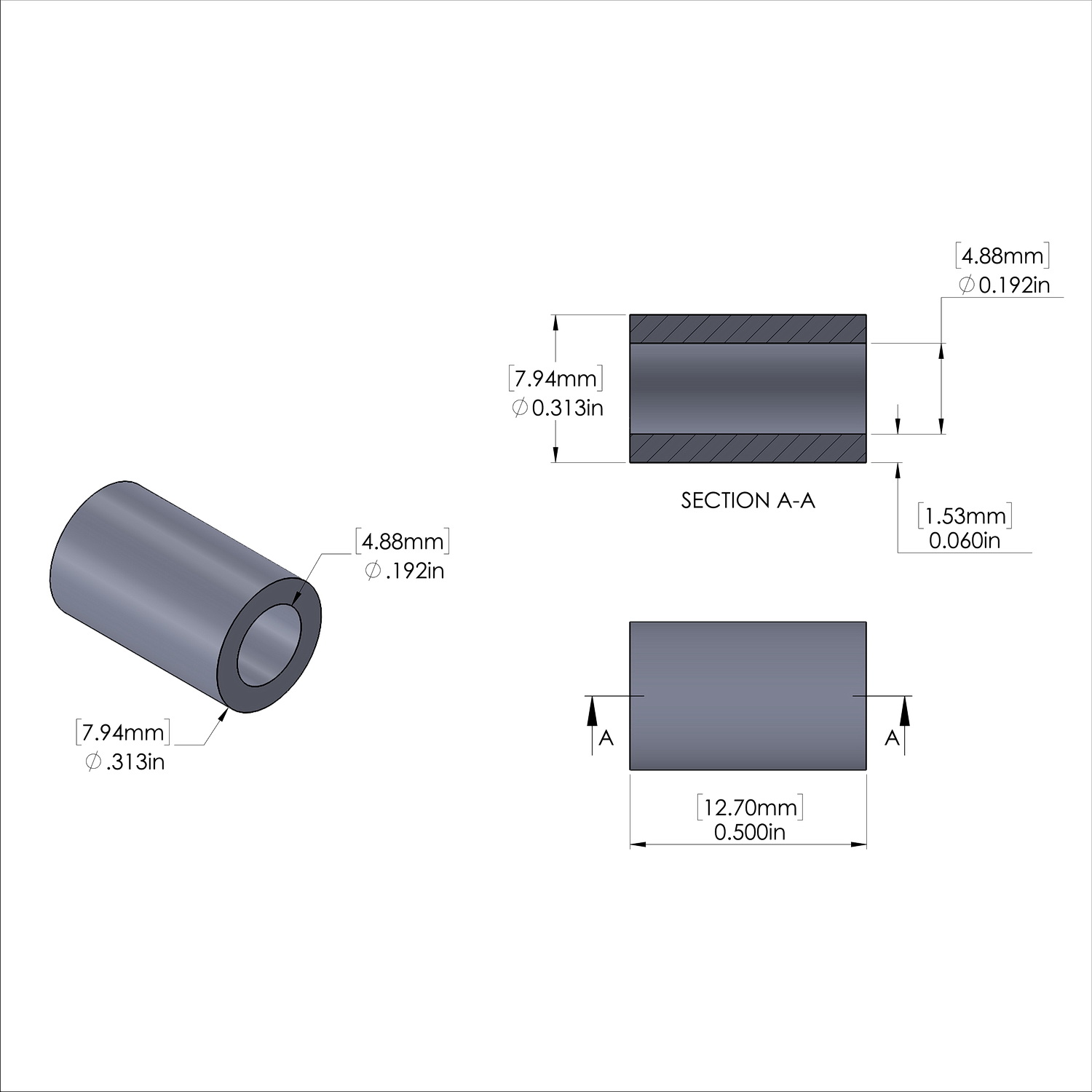 Aluminum Spacer 5/16'' OD x .192'' ID x 1/2'' Long, Black Anodized Finish
