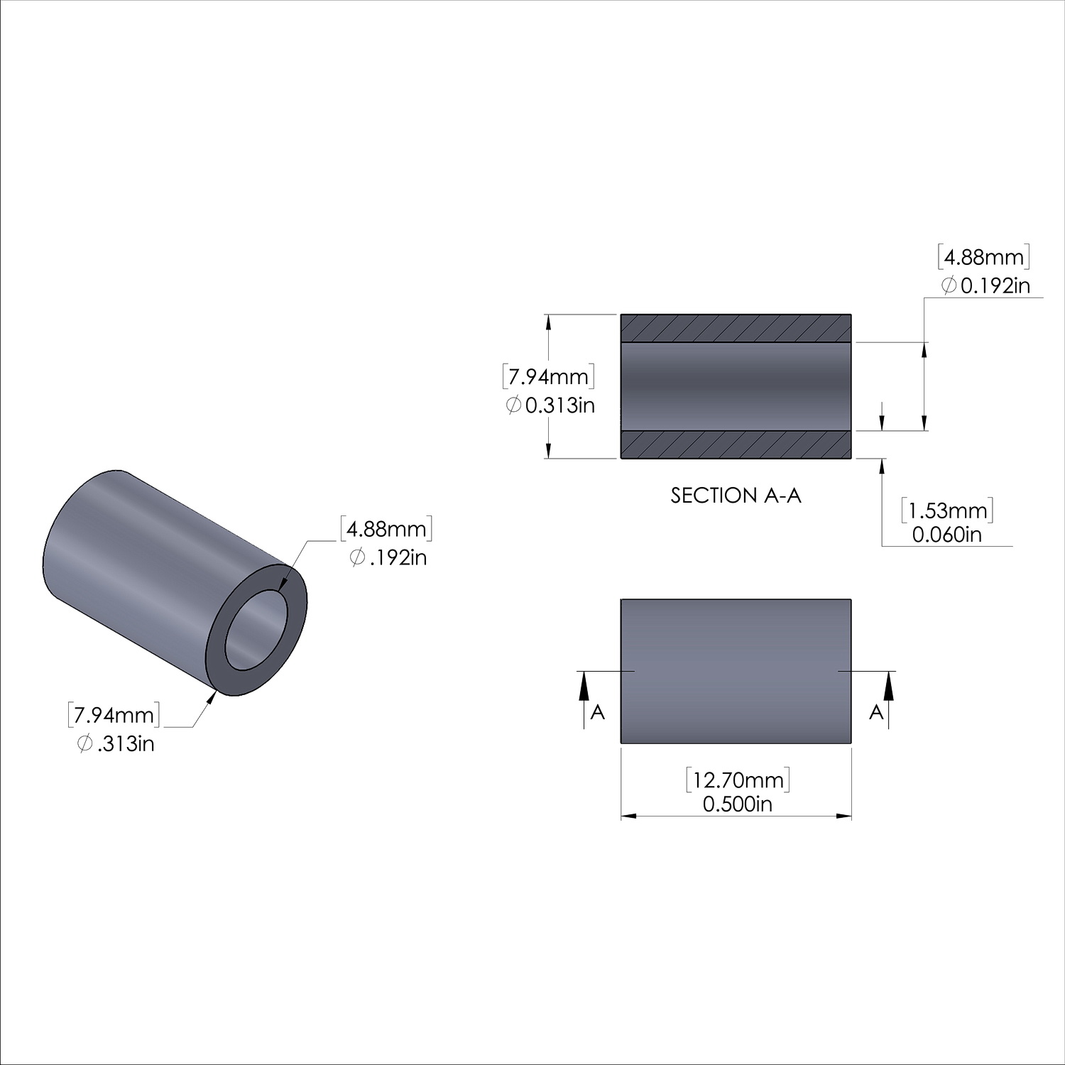 Aluminum Spacer 5/16'' OD x .192'' ID x 1/2'' Long